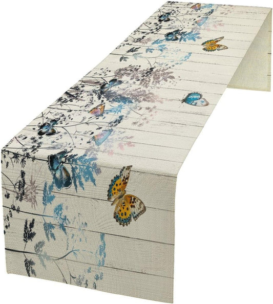 Nature Dandelion Table Runner,Rustic Floral Wood Plank Butterfly Girl Women Pattern Print Burlap Tablecloth for Hotel Indoors Outdoor Dining Room Kitchen Table Decor, 13x108in