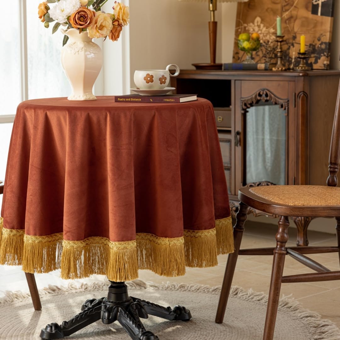 F-CHU Burnt Orange Tablecloth Thickset Velvet Tablecloth with Beautiful Gold Vintage Tassels Table Cloth for Home Decor Wedding, Party, Banquet and Events 70" Round