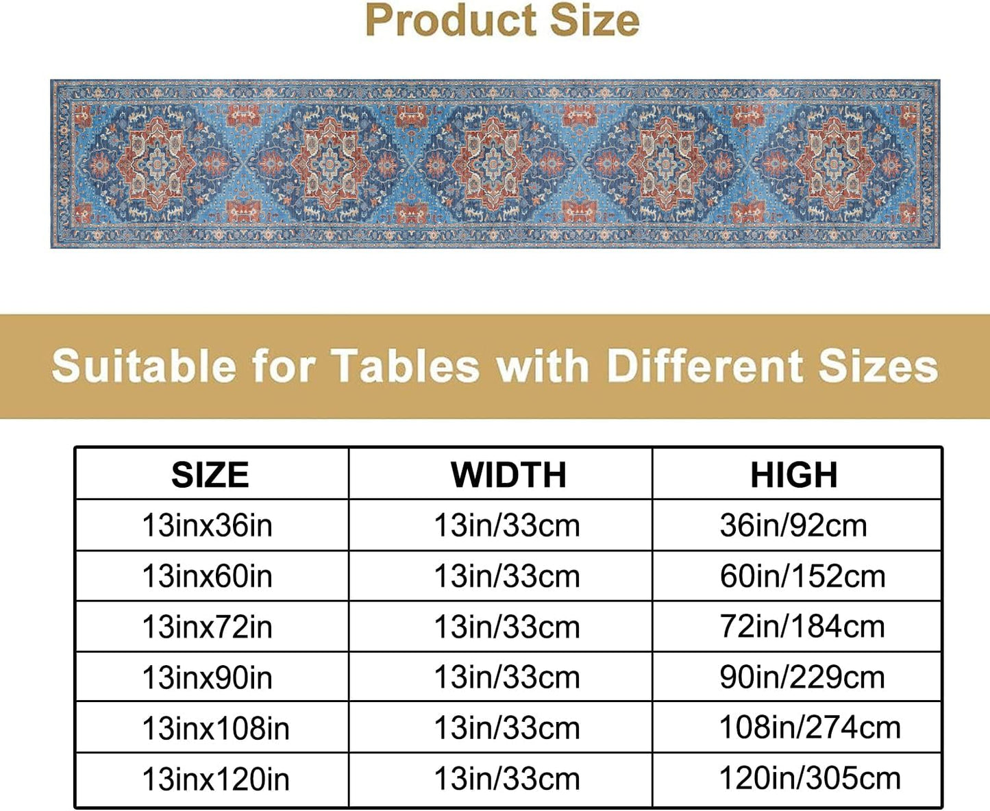 Boho Floral Vintage Table Runner, Retro Abstract Blue Flower Rustic Country Farmhouse Pattern for Home Kitchen Table Decor Dining Coffee Room Party Decor 13x72in