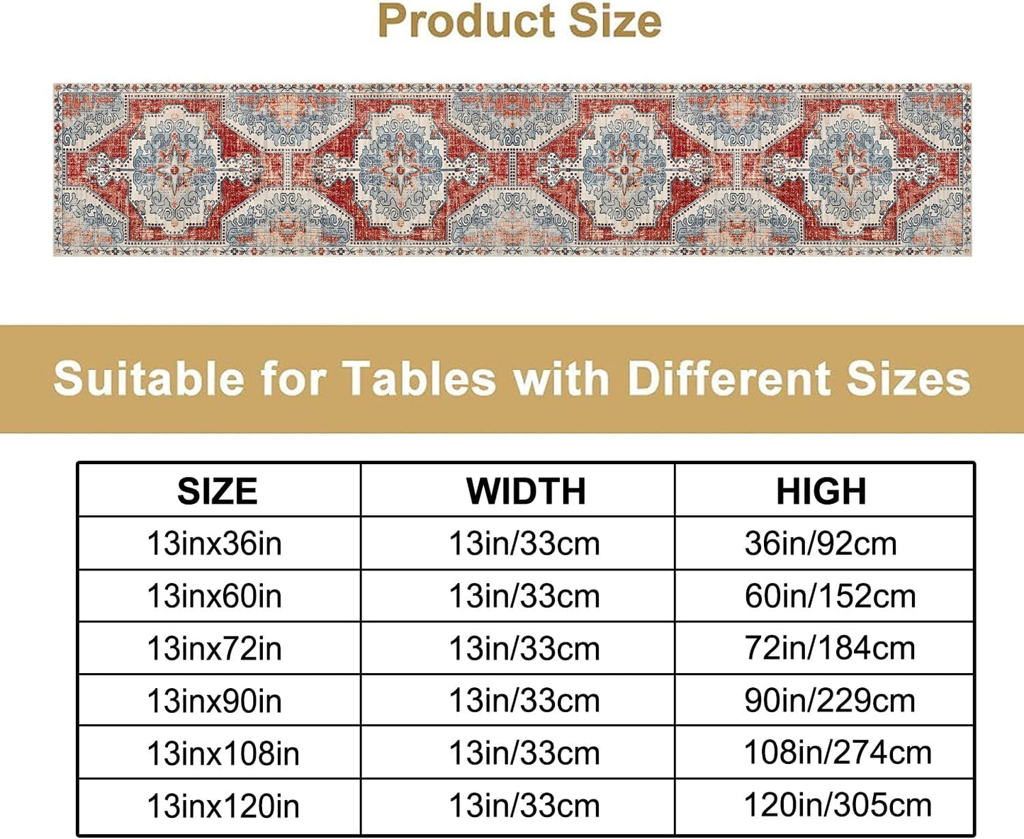 Boho Floral Vintage Table Runner, Retro Blue Red Flower Rustic Country Farmhouse Abstract Pattern for Home Kitchen Table Decor Dining Coffee Room Party Decor 13x108in