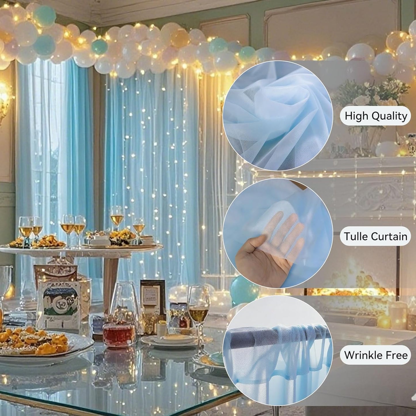 10×10ft Tulle Backdrop Curtains with Lights String - 300LED Fairy Lights Sheer Curtain Backdrop for Weddings Baby Shower and Birthday Party Decorations(6 Panels 5×10ft)