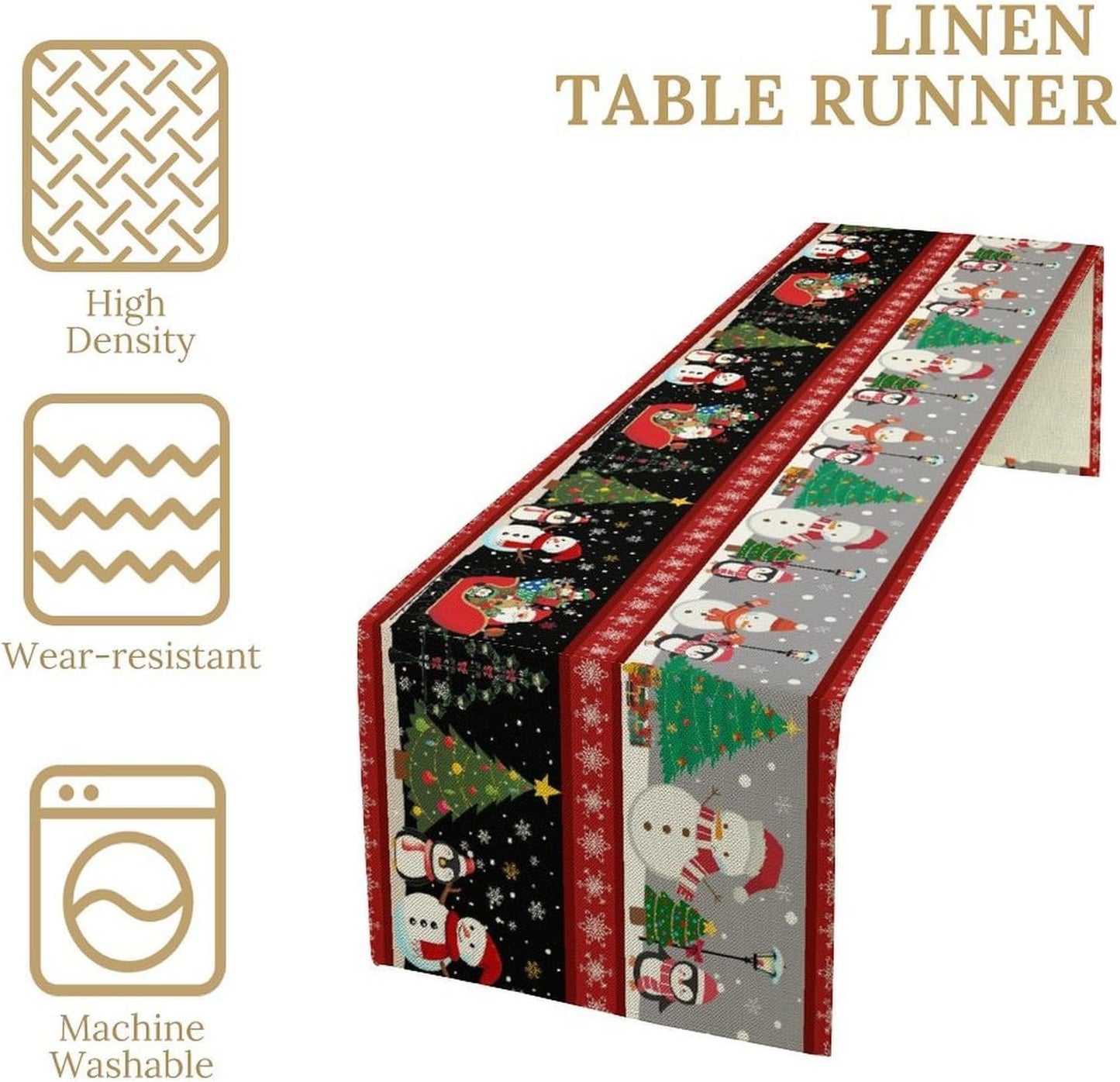 Christmas Table Runner,Cartoon Snowman Tree Xmas Deer Elk Santa Claus Print Tablecloth Burlap for Hotel Indoors Outdoor Dining Room Kitchen Home Decor,W13X L80 in