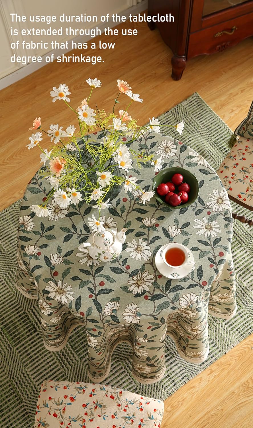 ISAENNE Designer Green Linen Small Round Tablecloth,Floral French Country Indoor Table Cloth,Stain Resistant Home Decor Tablecloths for Dining Kitchen Thanksgiving Party,Diameter 55"-Brune