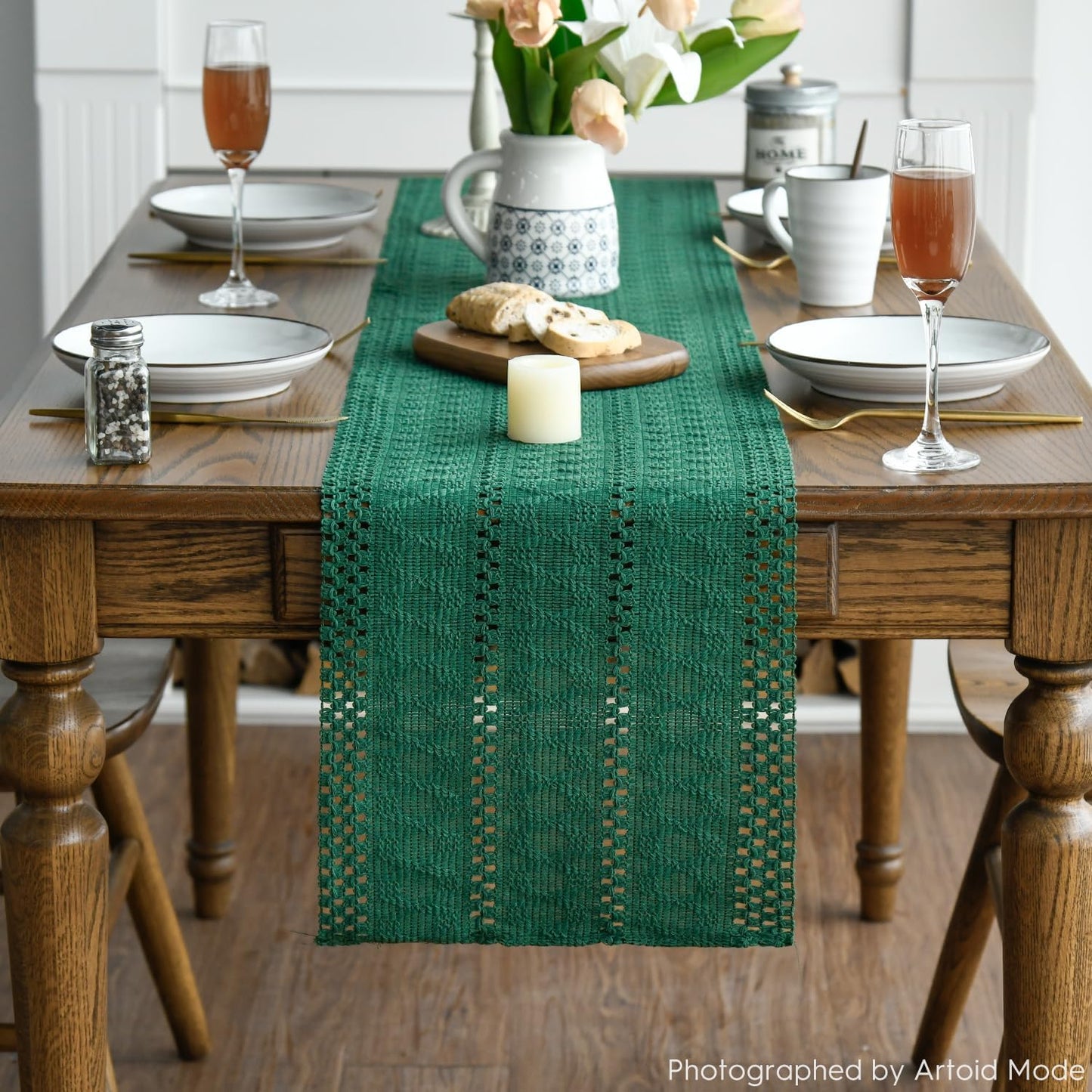 Artoid Mode Dark Green Farmhouse Woven Rustic Hollow Table Runner, Seasonal Holiday Hollow Kitchen Dining Table Decoration for Home Party Decor 12x72 Inch