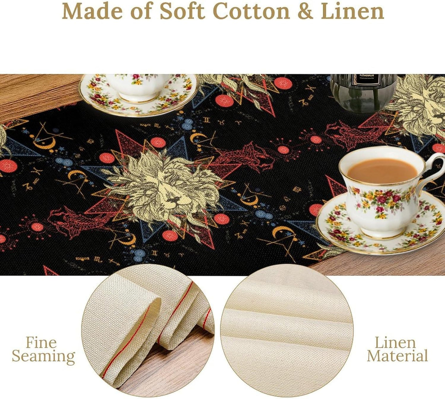 Boho Moon Lion Table Runner, Chinese Fish Phase of The Moon Sun Moon Table Runner for Kitchen Dining Table Home Party,13x90 Inch Black Red