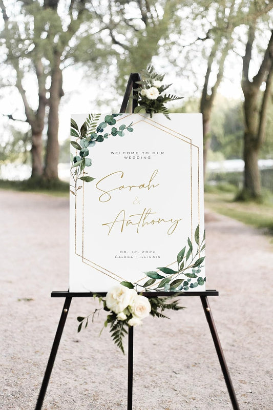 Welcome Wedding Signs, Greenery Geometric Wedding Sign Decorations Signage 12" X 18" (Small), 27" (Medium), 36" (Large), Plastic, Modern, Pole Mount, Weather