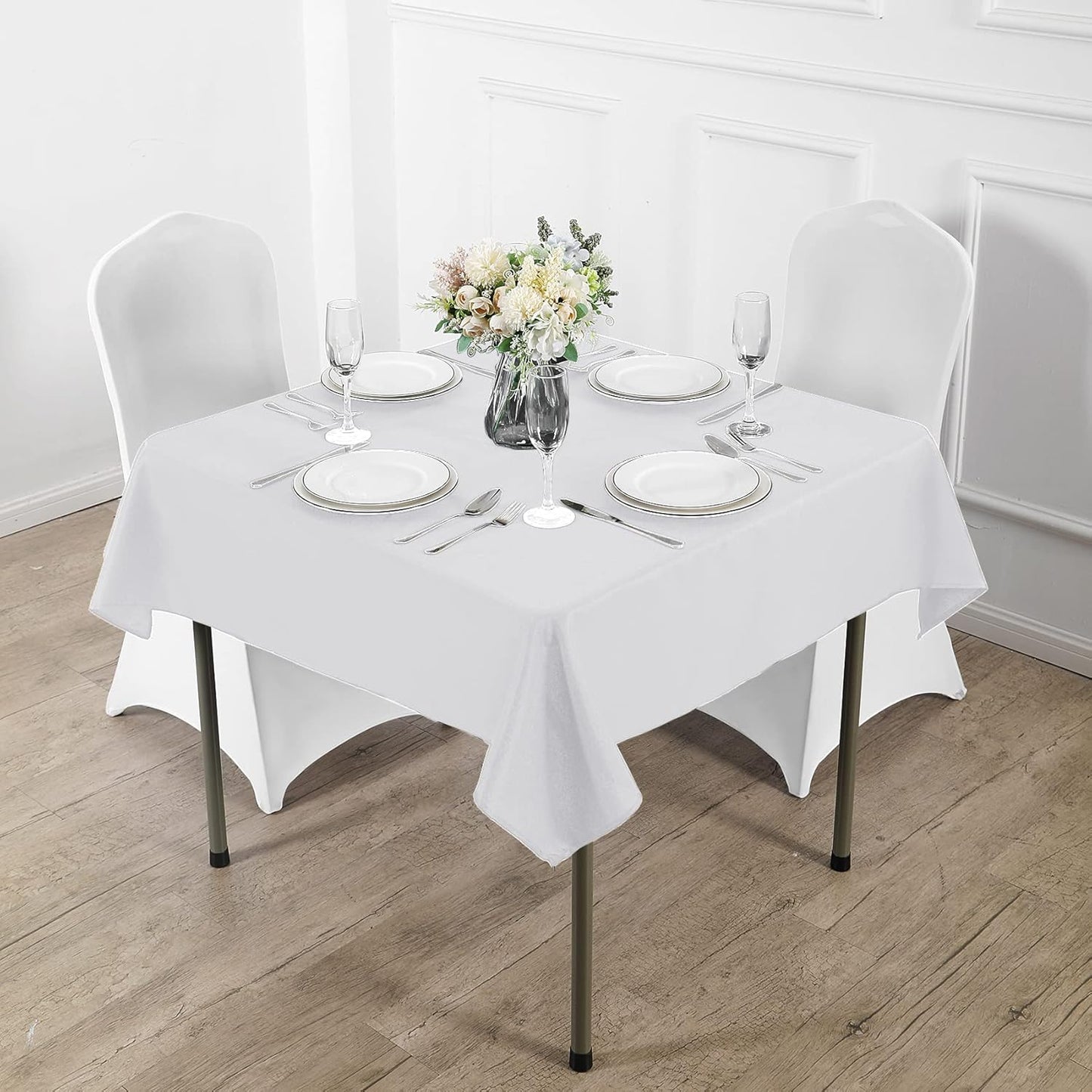 Fokitut 2 Pack Waterproof Square Tablecloth, 52x52 Inch, Stain Resistant and Wrinkle Polyester Table Cloth, Fabric Table Cover for Kitchen Dining, Wedding, Party, Holiday Dinner-White