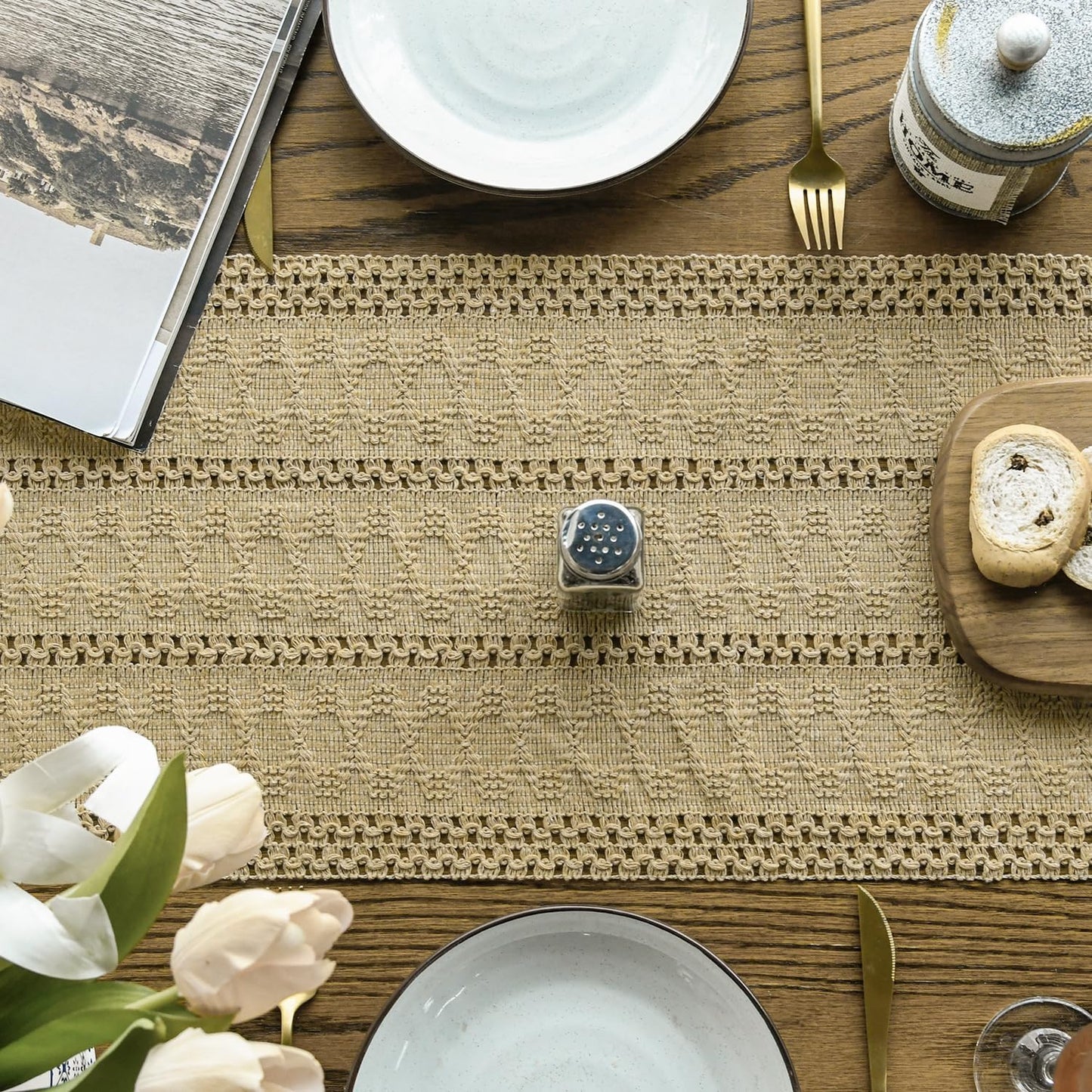 Artoid Mode Burlap Brown Farmhouse Woven Rustic Hollow Table Runner, Seasonal Holiday Hollow Kitchen Dining Table Decoration for Home Party Decor 12x120 Inch