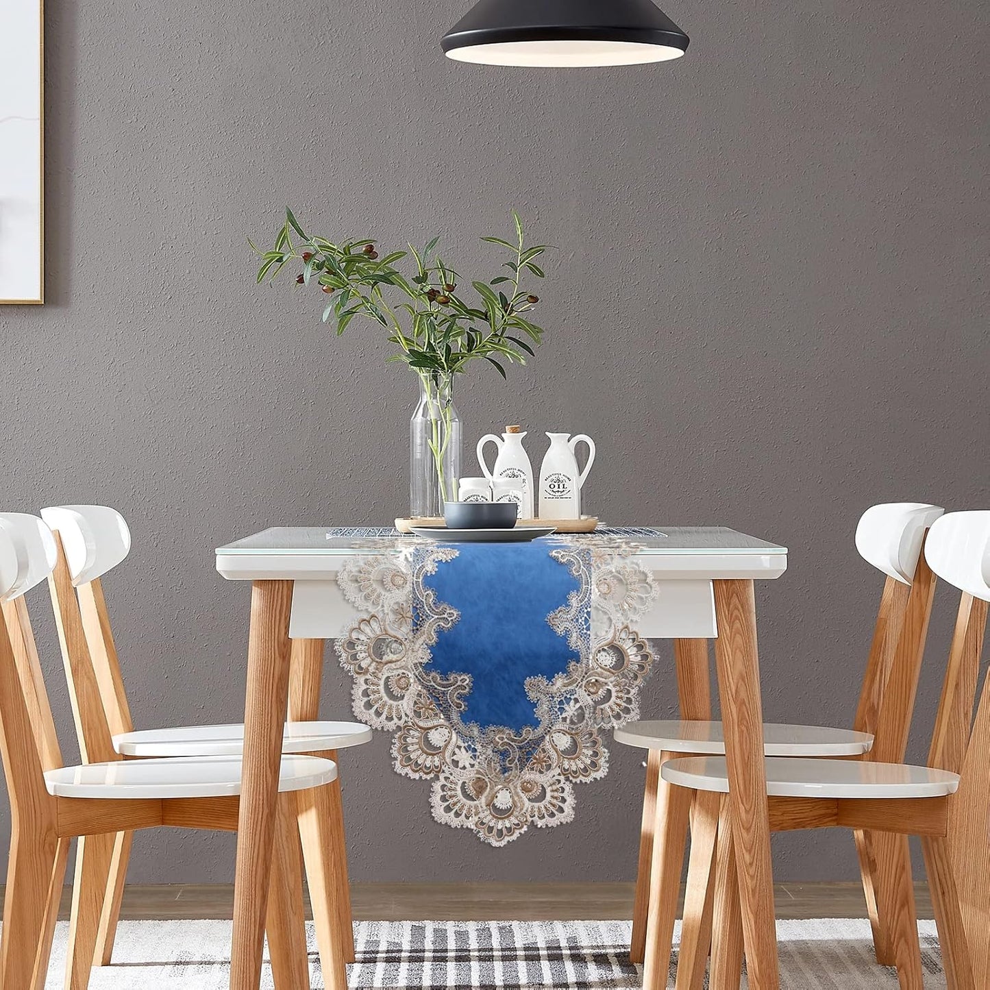 Vintage Lace Dining Table Runner, 72 Inches Macrame Coffee Table Runners for Kitchen Home Christmas Party Decorations (16x72 inch,Blue)
