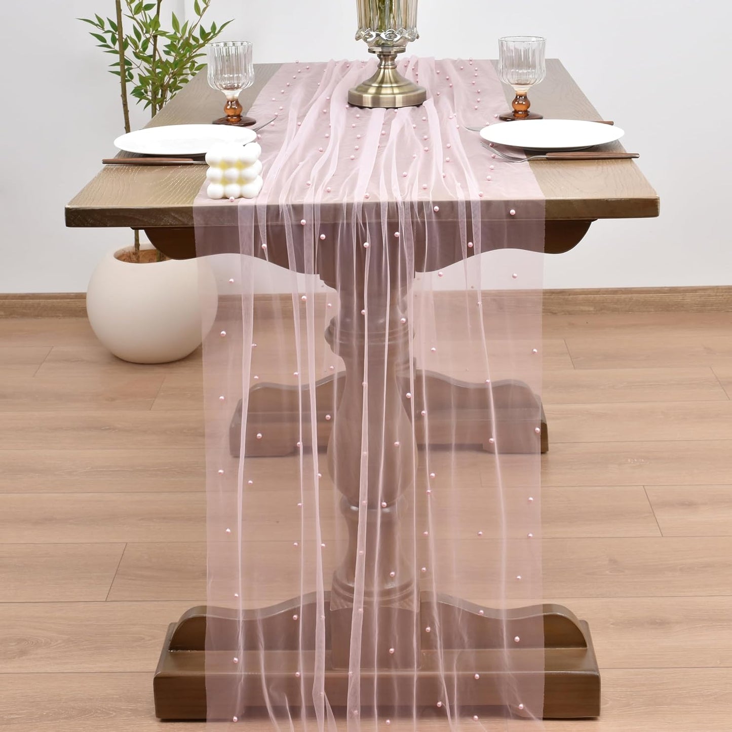 Joanlody Fall Pearl Table Runner 10ft Rustic Boho Tulle Table Runner with Pearls for Baby Shower Wedding Party Veil Dessert Thanksgiving Table Decor Pink