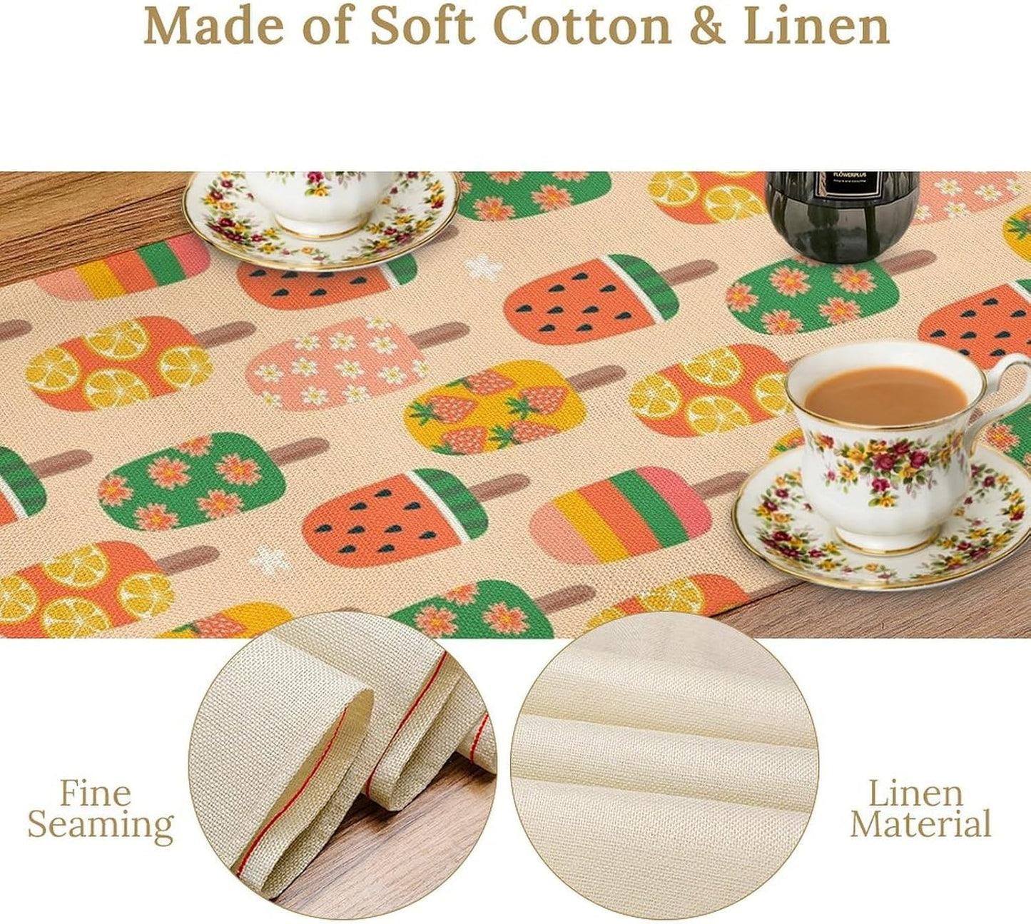 Summer Popsicles Table Runner, Colorful Cute Ice Cream Childish Seasonal Dinner Runner for Party Holiday Home Kitchen Dining Table Decor 13"x108"