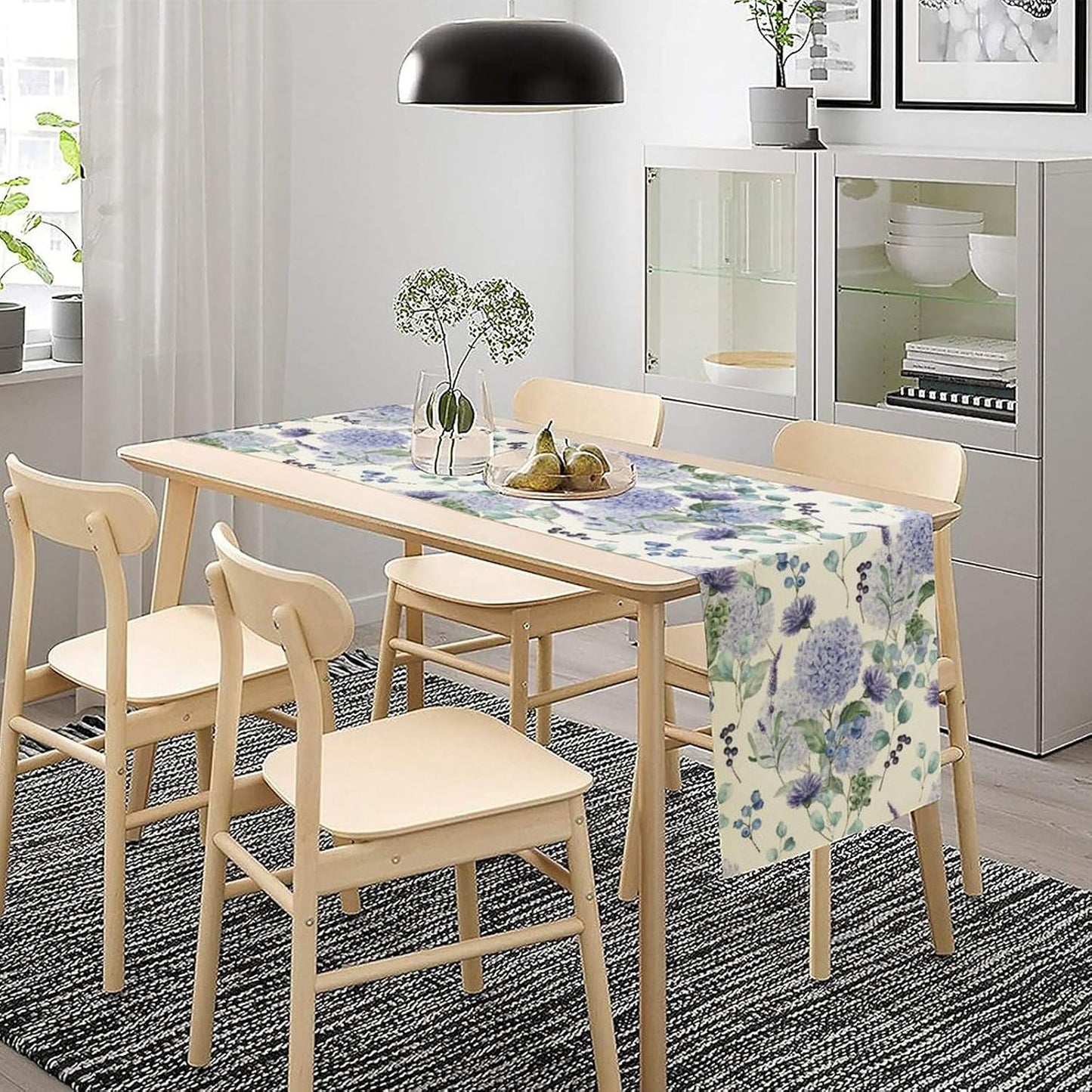 Spring Hydrangea Flower Table Runner, Seasonal Summer Plants Watercolor Eucalyptus Leaves Purple Florals Dinner Runner for Home Kitchen Dining Table Party Holiday Decoration 13"x108"