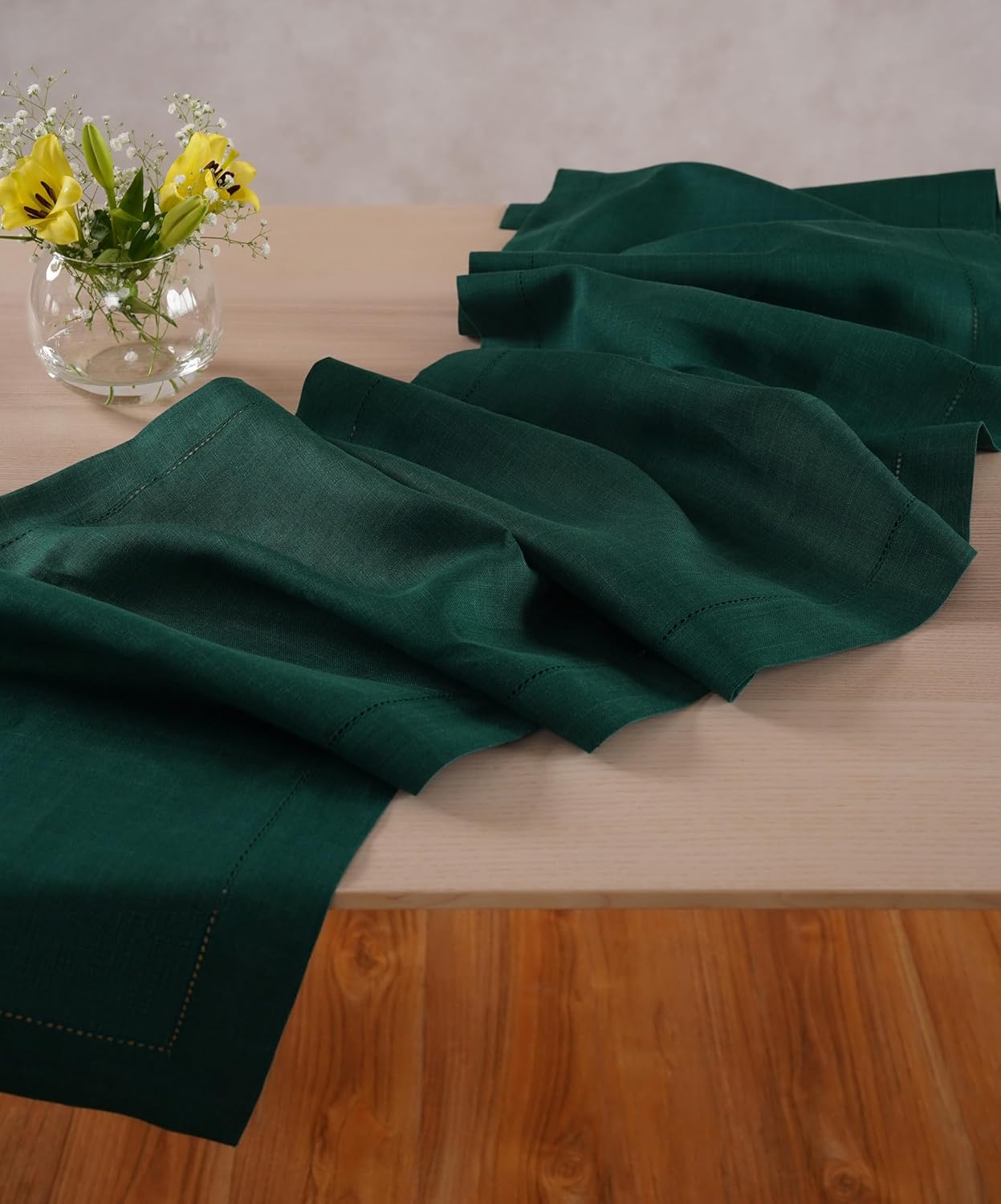 Linen Table Runner 14 x 72 Inch Long - 100% Pure Linen Christmas Green Table Runner - Cloth Fabric Hemstitch Runner for Thanksgiving, Christmas, Winter, New Year - Elara