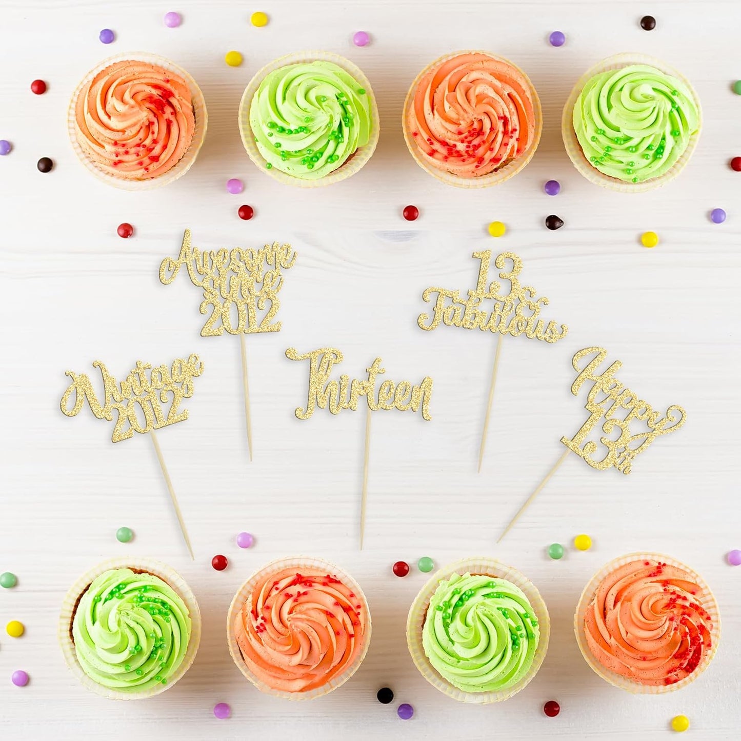 30Pcs Vintage 2012 Cupcake Toppers Glitter Thirteen Happy 13th Birthday 13 Fabulous Cupcake Picks Cheers to 13 Years for 13th Birthday Wedding Anniversary Party Cake Decorations Supplies Gold