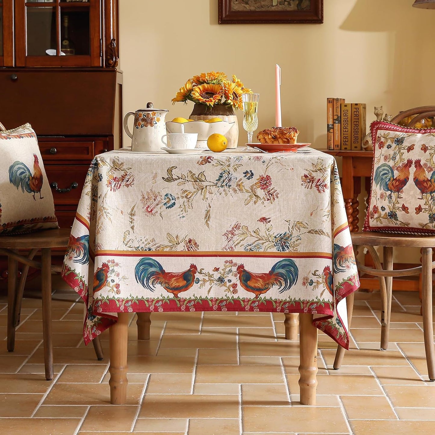 patdrea Designer Vintage Red Rectangle Tablecloth,French Linen Animals Pattern Tablecloths,Decoration Floral Table Cover for Kitchen Dining Christmas,Party,Thanksgiving,55"x87"-Townlife E
