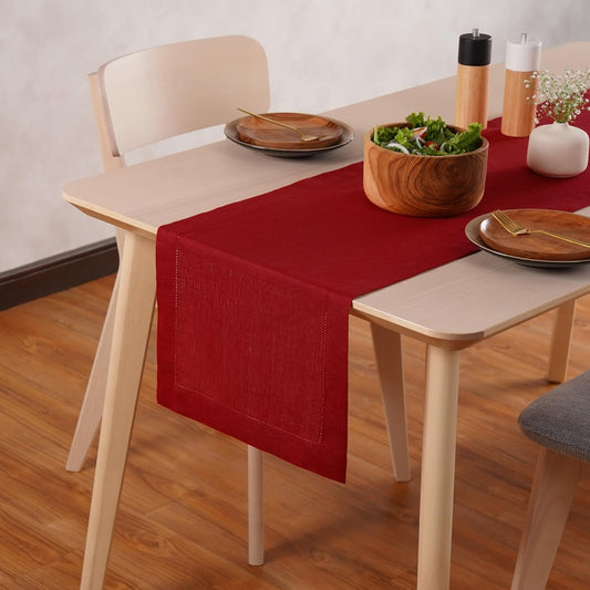 100% Pure Linen Red Table Runner 14 x 36 Inch - Small Hemstitch Christmas Table Runner - Cloth Fabric Runner for Thanksgiving, Winter, New Year - Elara
