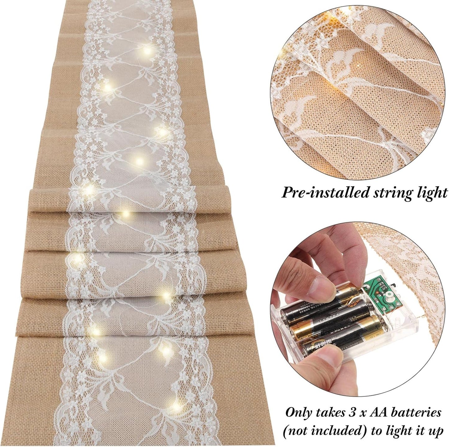 Xinnun 12 Pcs Burlap Table Runner with Lights 12 x 108 Inches Burlap Lace Table Runner Rustic Wedding Decorations Home Party (Vine)