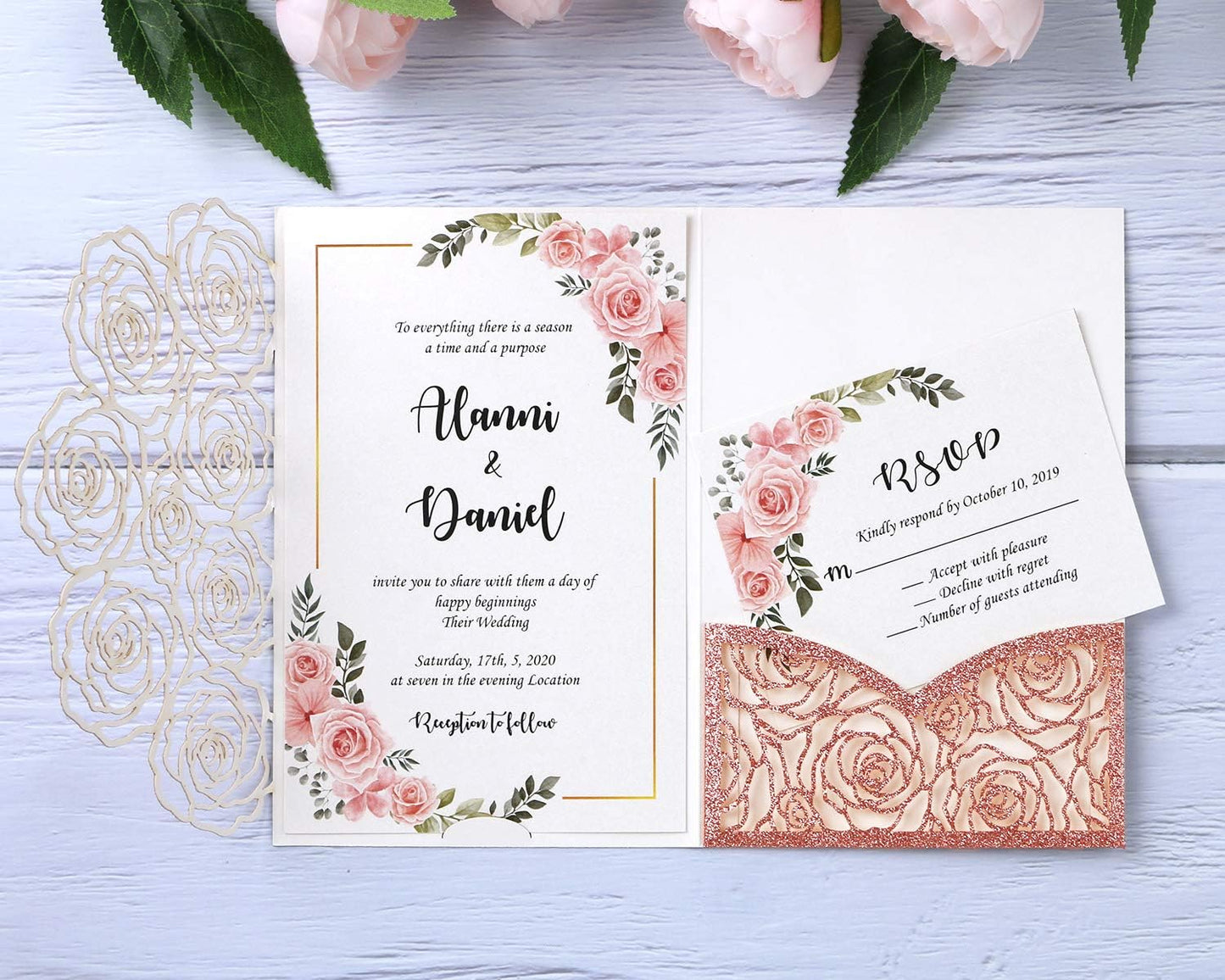 20 Pcs Laser Cut Wedding Invitations Card Pocket with Envelope for Birthday Party Baby or Bride Shower Invite suitable for 5 * 7 Inches Insert Paper (Rose Gold Glitter)