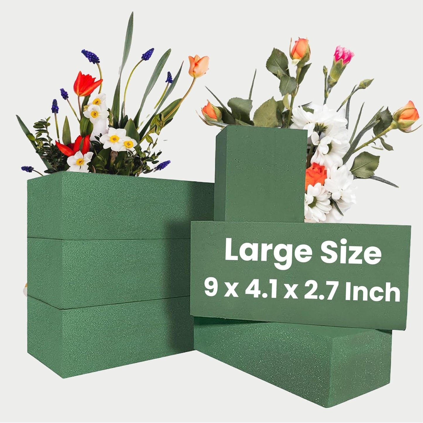 FLORABELS 6 PCS Wet Floral Foam Blocks for Fresh Flowers, Each (9"L x 4.1"W x 2.7"H)Green Foam for Flower Arrangements, Florist Foam Bricks for Weddings, Birthdays Gifts, Flower Foam Blocks for Crafts