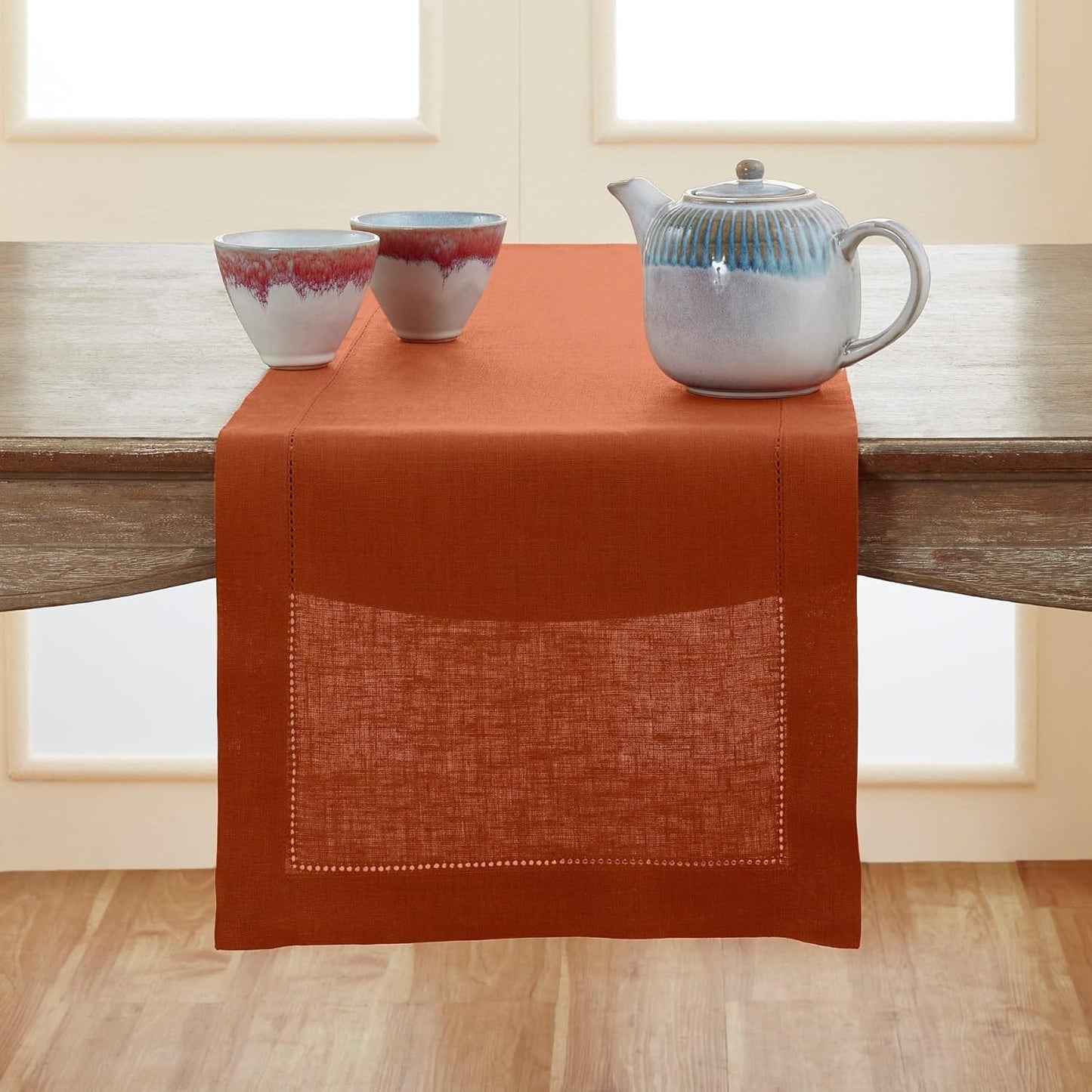 Solino Home Linen Table Runner 120 Inches Long - 100% Pure Linen Cinnamon Table Runner 14 x 120 Inch for Fall, Autumn, Halloween, Thanksgiving - Classic Hemstitch
