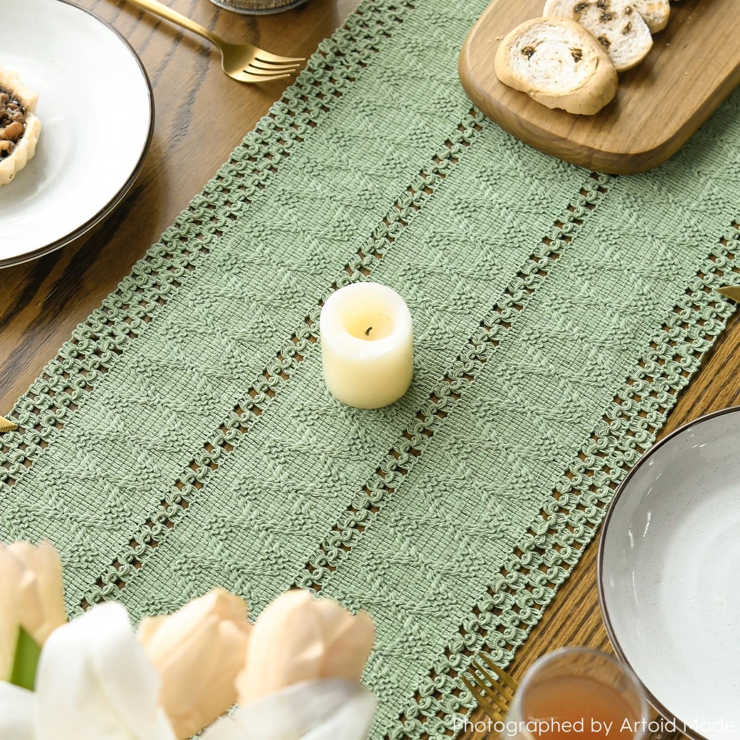 Artoid Mode Light Green Farmhouse Woven Rustic Hollow Table Runner, Seasonal Holiday Hollow Kitchen Dining Table Decoration for Home Party Decor 12x72 Inch