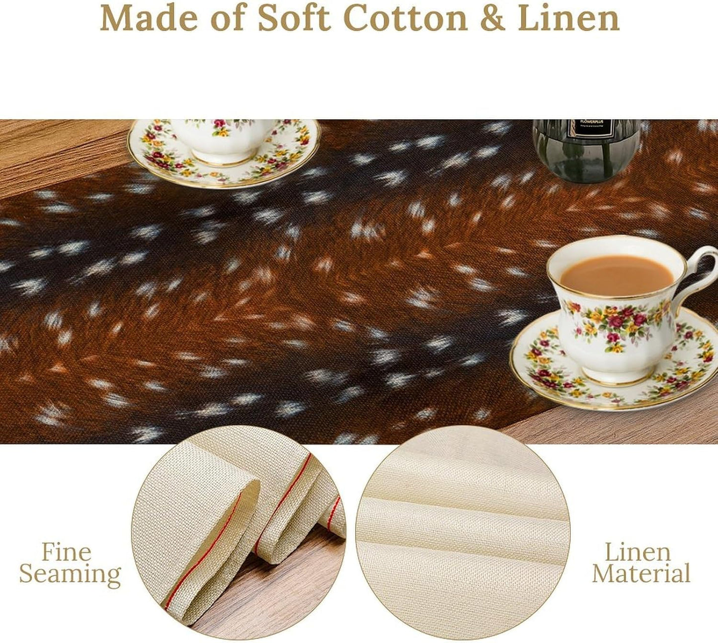 Deer Skin Table Runner Brown Fur Runner Black White Elk Deer Print Fur Western Print Cotton Linen Cottage Dinner Table Runners for Dining Room Kitchen Table Setting, 13x90 Inch
