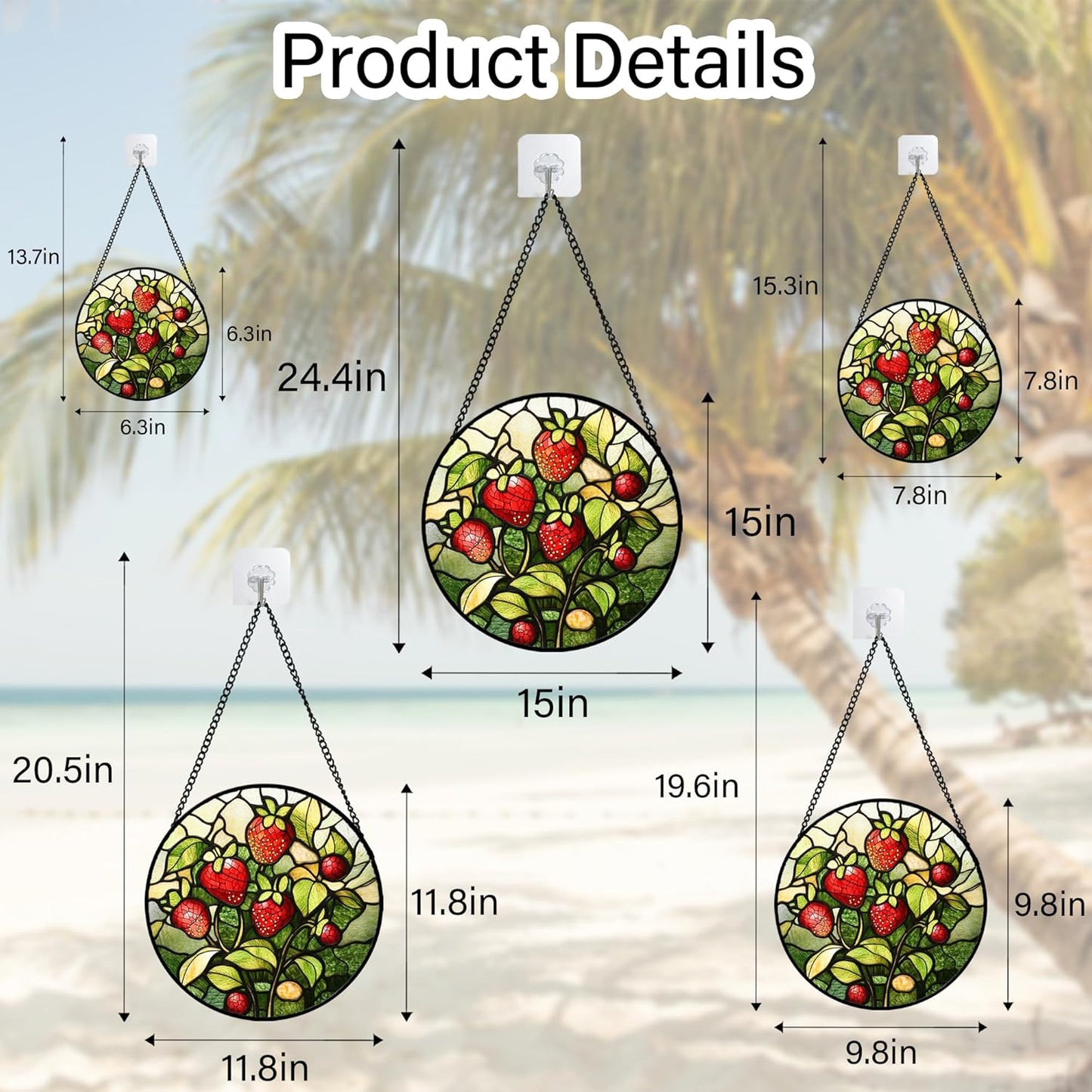 Stained Glass Window Hanging - Red Strawberry Suncatcher for Doors Window Home Green Plant Sun Catchers Decor Christmas Mother's Day Birthday Gifts for Teacher Women Men Mom Nana 6.3 in