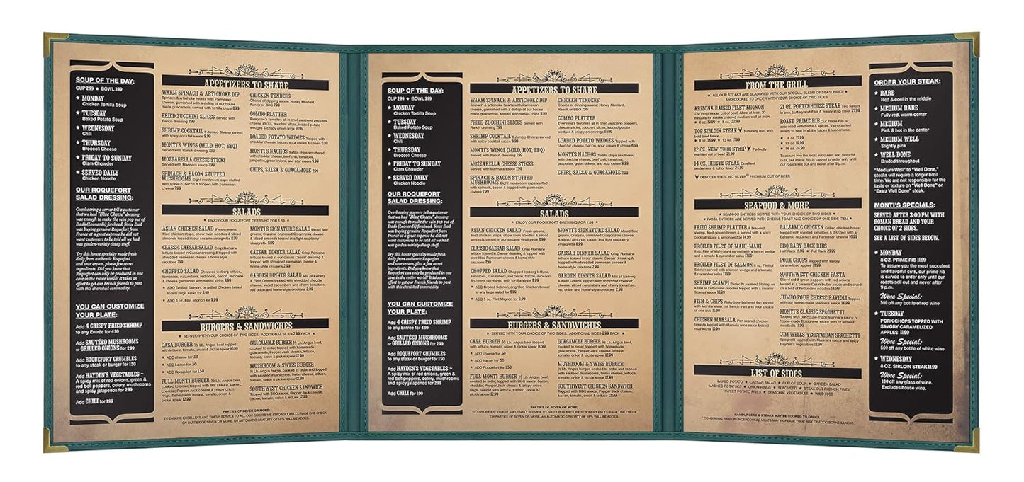 Goodsmart Pajco Style Restaurant Menu Covers – Pack of 10, Side-Load Fold-Out Menu Holders, Single Stitched Edge Clear Vinyl Menu Sleeves, Leatherette Trim Gold Corners, Green, 3 View (8.5" x 11")