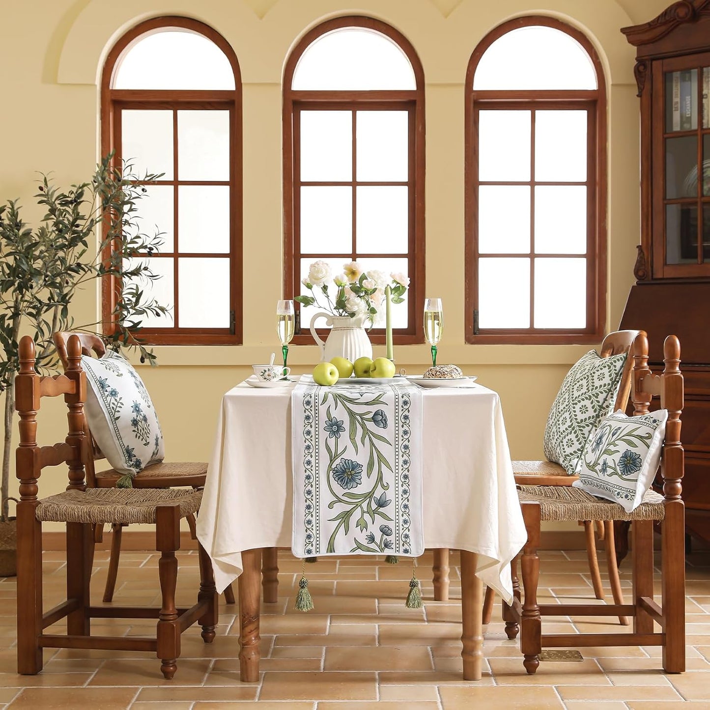 ISAENNE Designer Elegant Linen Extra Long Table Runner 118 Inches,Vintage Blue Floral Pattern Decor Table Runners for Dining Tables,Kitchen Tables,Thanksgiving,Christmas,12"*118"-Mosella E