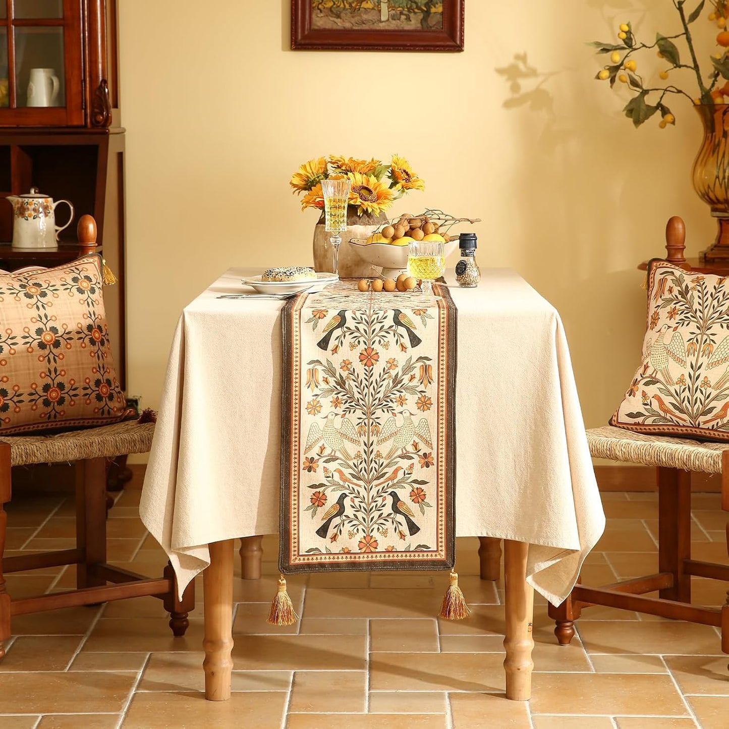Decorative Linen Table Runner 71 Inches Long,Floral Print Rustic Runner for Table Decor Tabletop Table Runners for Kitchen,Dining,Tea Party,Home,Christmas,12"*71"
