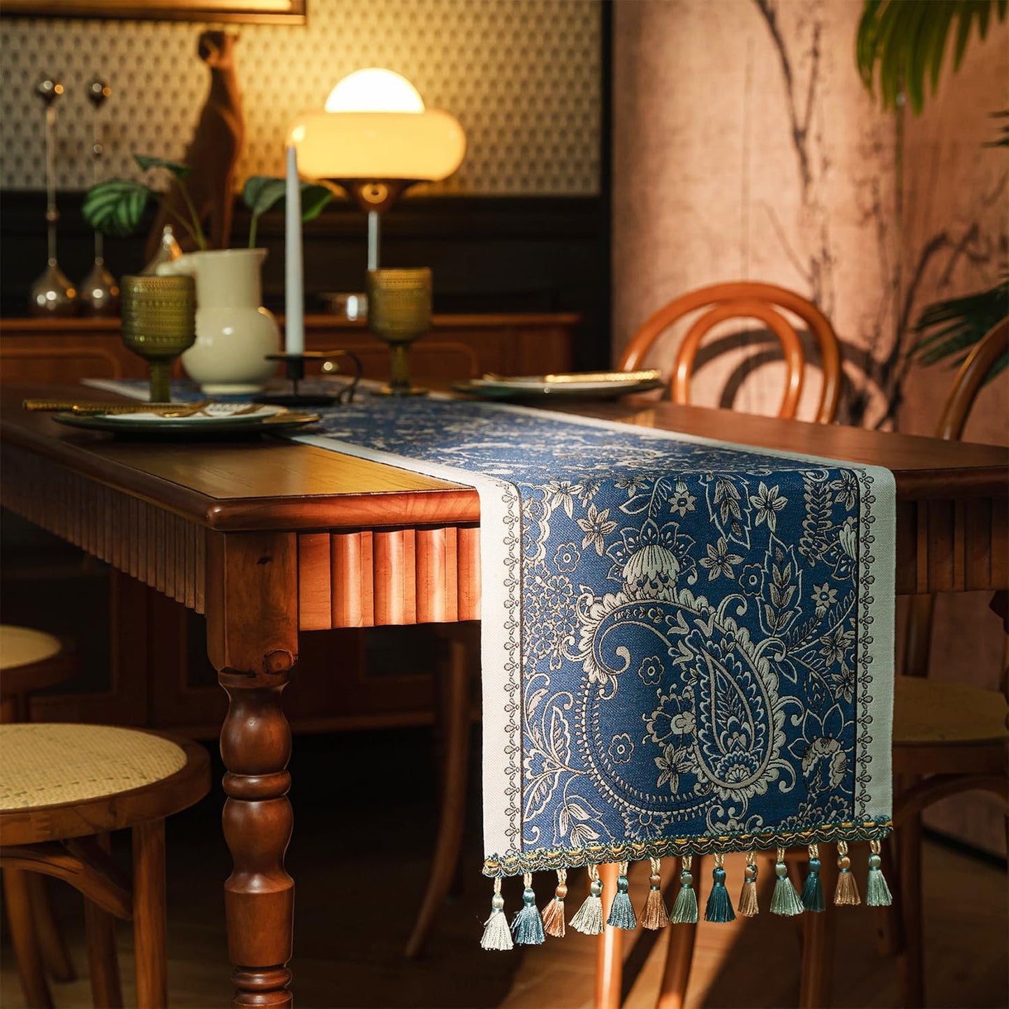 13×72 Inch Table Runner, Retro-Luxury Tassels Series for Kitchen Dining Table Holiday Decoration (Blue Pheonix)