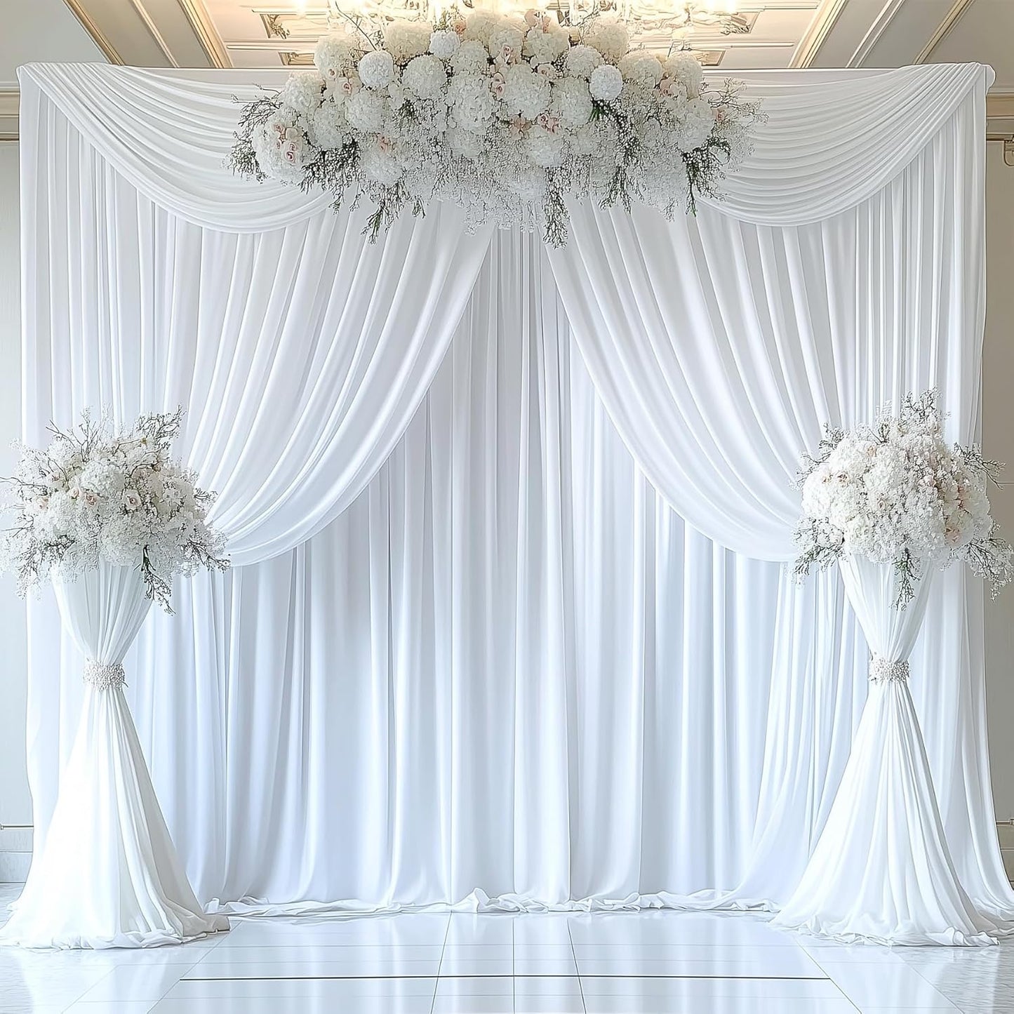10ftx12ft Wrinkle Free White Backdrop Curtain, 2 Panels 12FT Height White Wedding Backdrop Drapes, Silky Polyester Back Drop Cloth for Birthday Photography Background Party Backdrop Draping