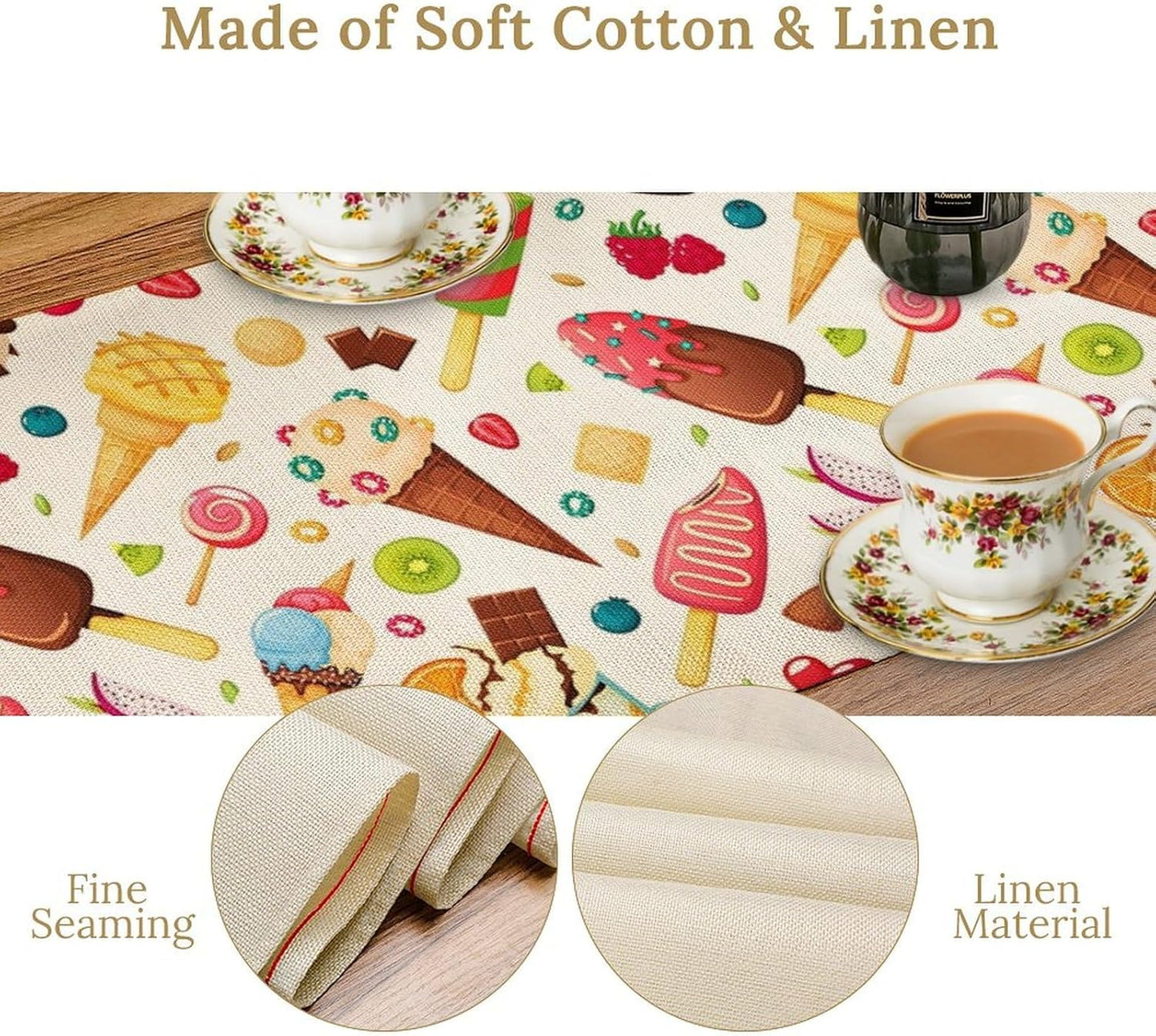 Ice Cream Table Runner, Fruit Ice Popsicles Cold Summer Desserts Seasonal Dinner Runner for Party Holiday Home Kitchen Dining Table Decor 13"x36"