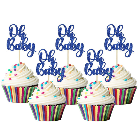 Gyufise 36Pcs Oh Baby Cupcake Toppers Glitter Baby Shower Oh Baby Cupcake Picks for Gender Reveal Baby Shower Kids Boys Girls Birthday Party Cake Decorations Supplies Dark Blue