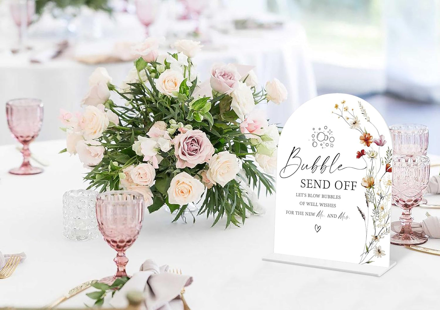 Boho Floral Bubble Send Off Sign, 6 x 8 Inch White Arch Acrylic Wedding Sign with Holder, Wedding Sign for Ceremony and Reception, Wedding Decoration, Wedding Supplies - BX14