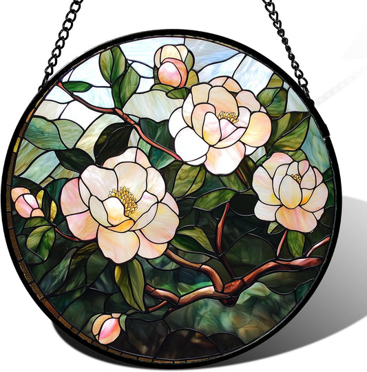 Stained Glass Suncatcher, Light Pink Flowers Green Leaf Sun Catcher Plant Stain Glass Window Hanging Decoration Mother's Day Birthday Gifts for Women Men Mom Nana 9.8 in