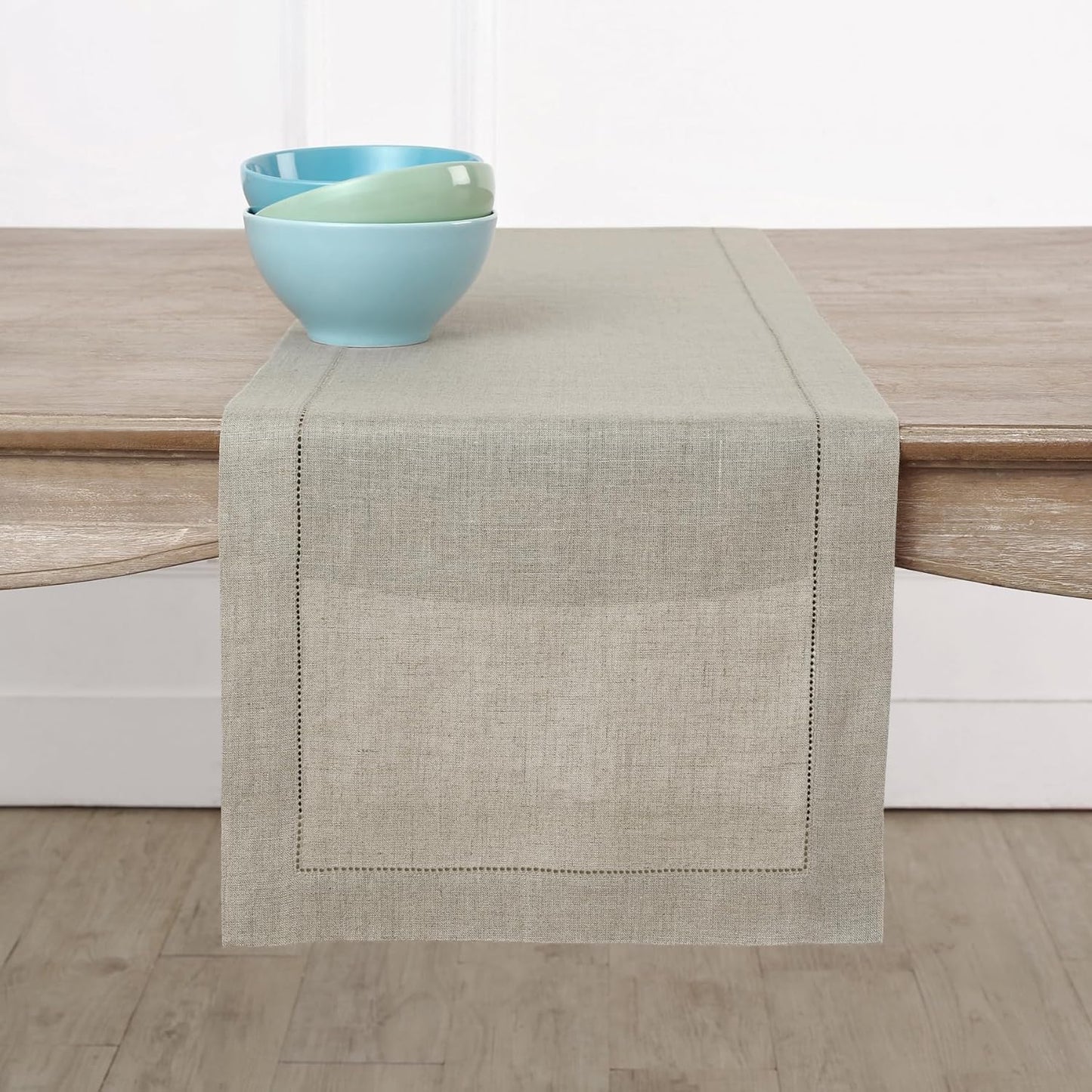 Solino Home Linen Natural Table Runner 132 Inches Long - 100% Pure Linen Extra Long Table Runner 14 x 132 Inch for Fall, Autumn, Thanksgiving, Christmas - Classic Hemstitch