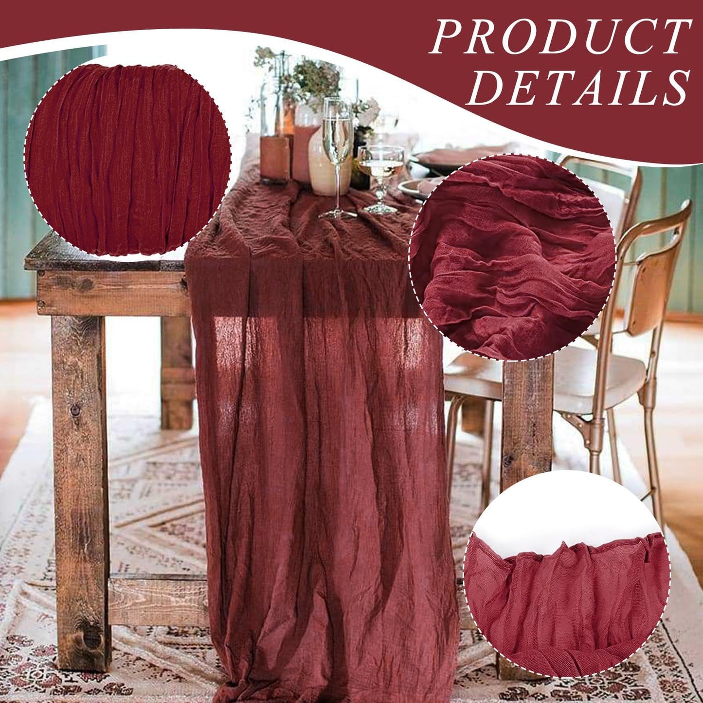 12 Pack Cheesecloth Table Runner, Runner Gauze Boho Wedding Decor Romantic Table Runner for Wedding Birthday Party(35" x 118") (Wine Red)
