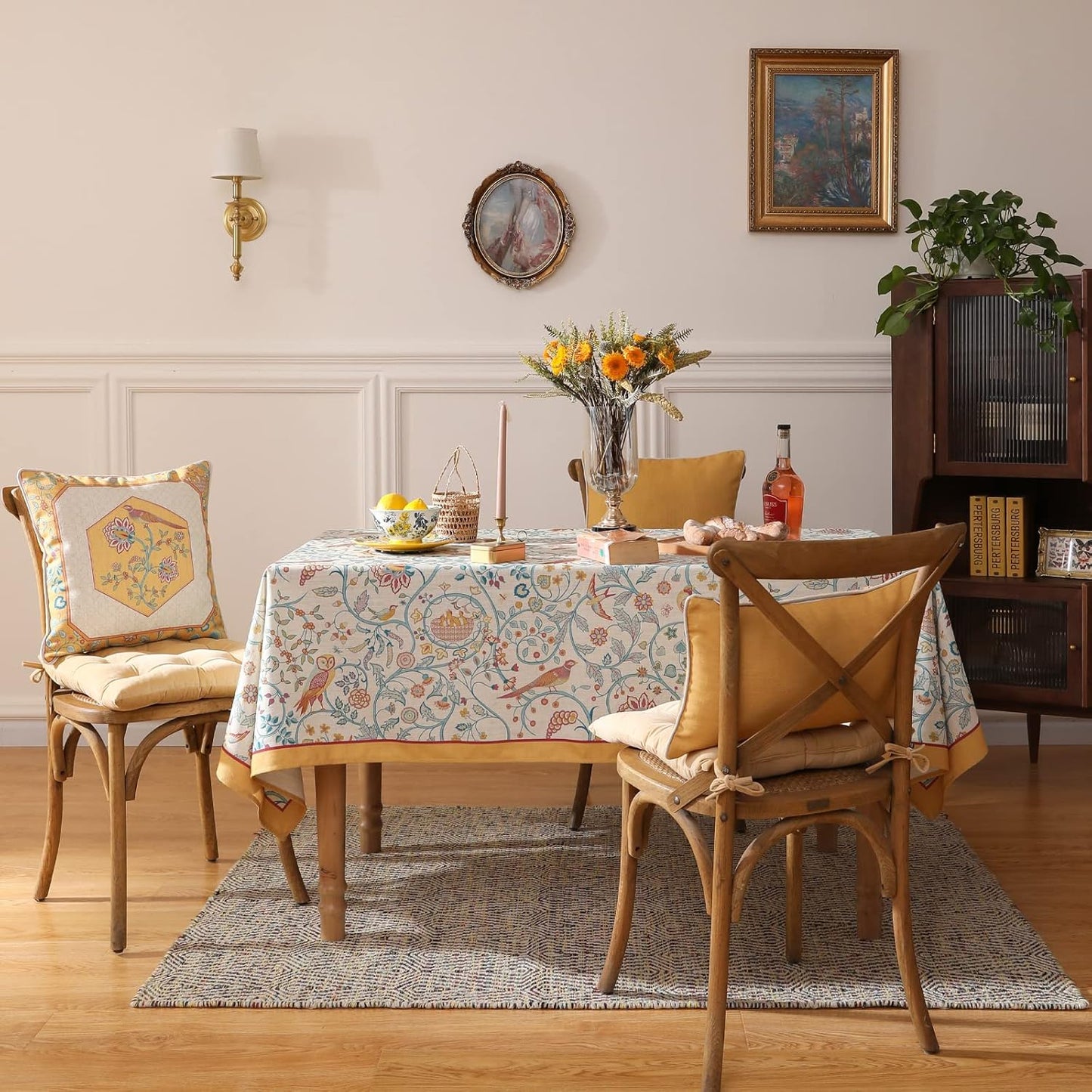 patdrea Designer Vintage French Rectangular Tablecloth,Floral Birds Pattern Linen Table Cloth,Fall Yellow Decor Table Cover for Kitchen Dining Banquet,Christmas,Thanksgiving,63"x87"-Magnolia