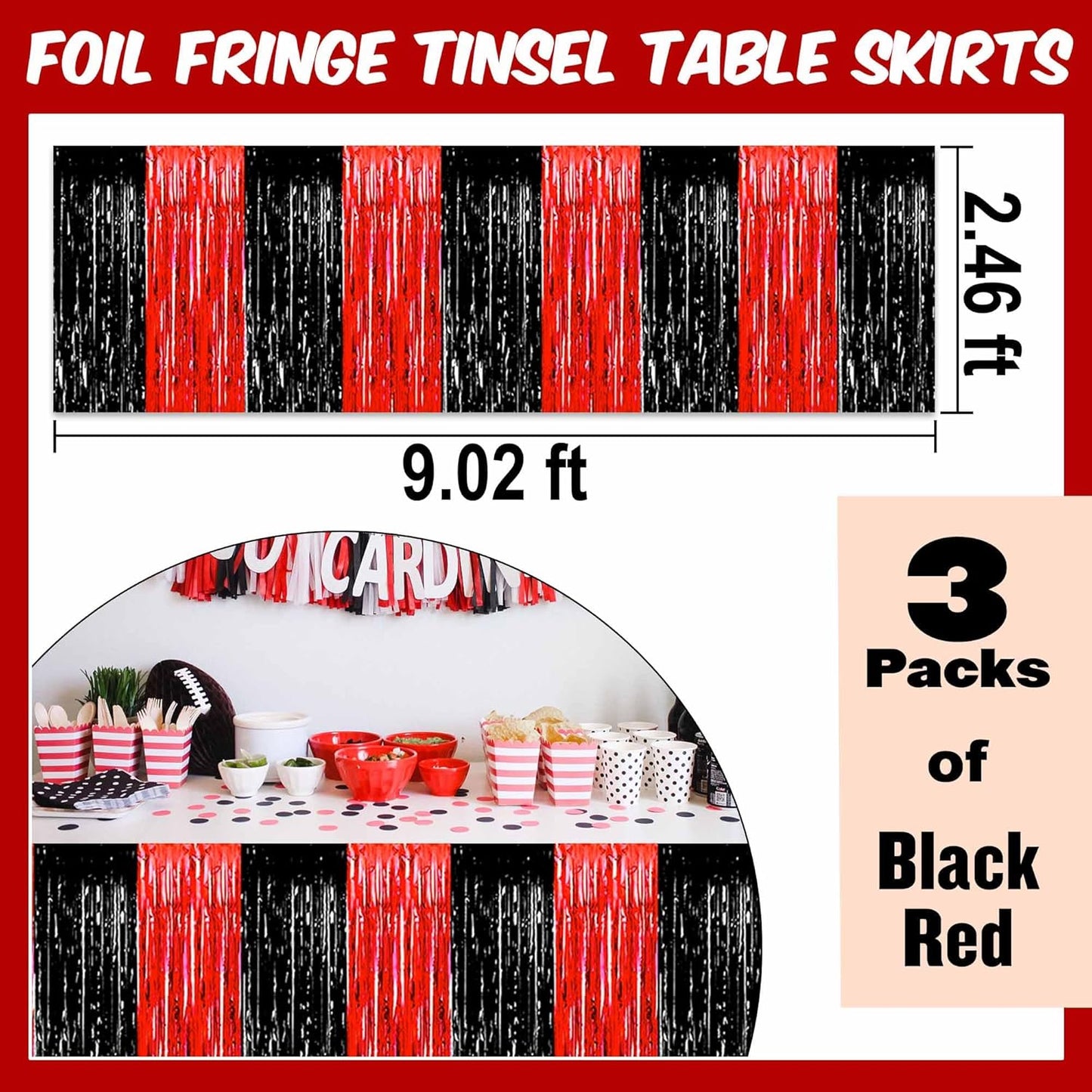 3 Pack Black and Red Foil Fringe Table Skirts Metallic Tinsel Streamers Garland Banner Backdrop for Table Decor, Parade Float, Birthday, Wedding, Halloween, Christmas Party Decorations(29x108 In)