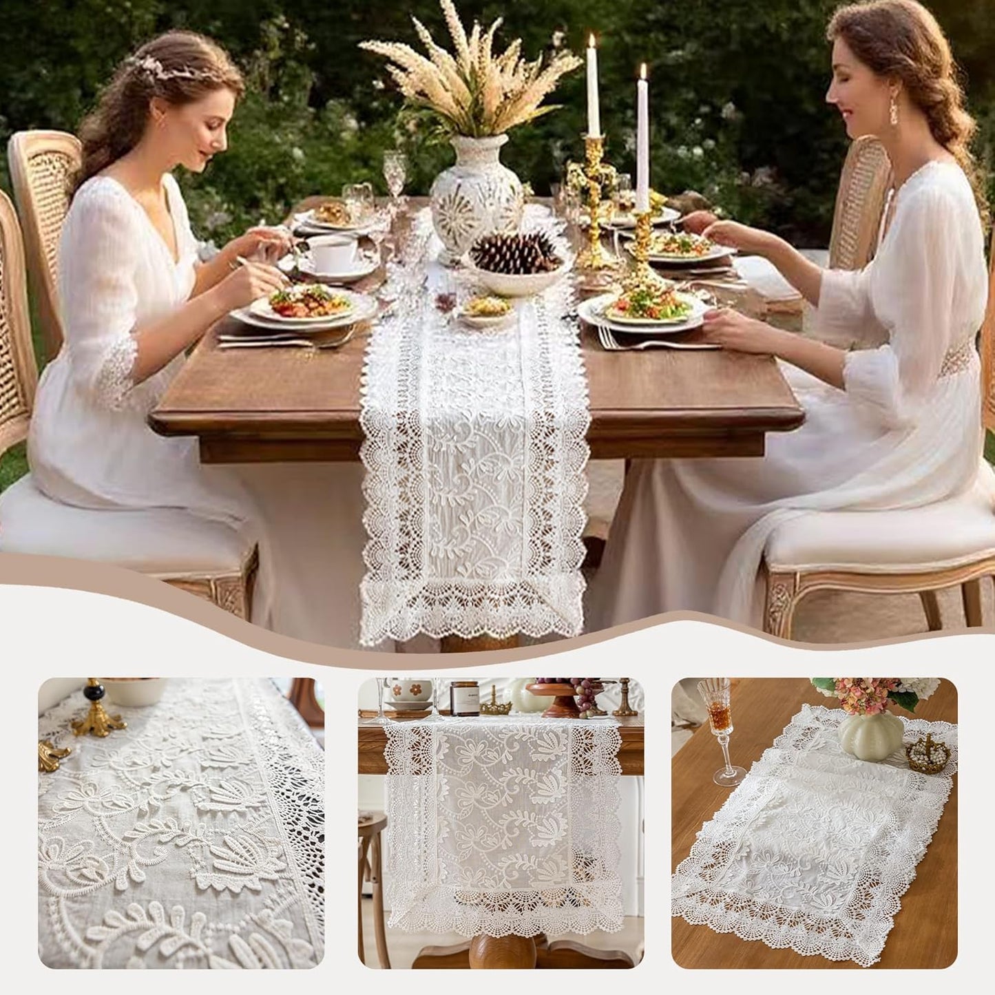 White Elegant Vintage Lace Table Runner,Wedding Lace Decor with Floral Embroidery,Tea Party Decor (White, 13.8X63 Inches)