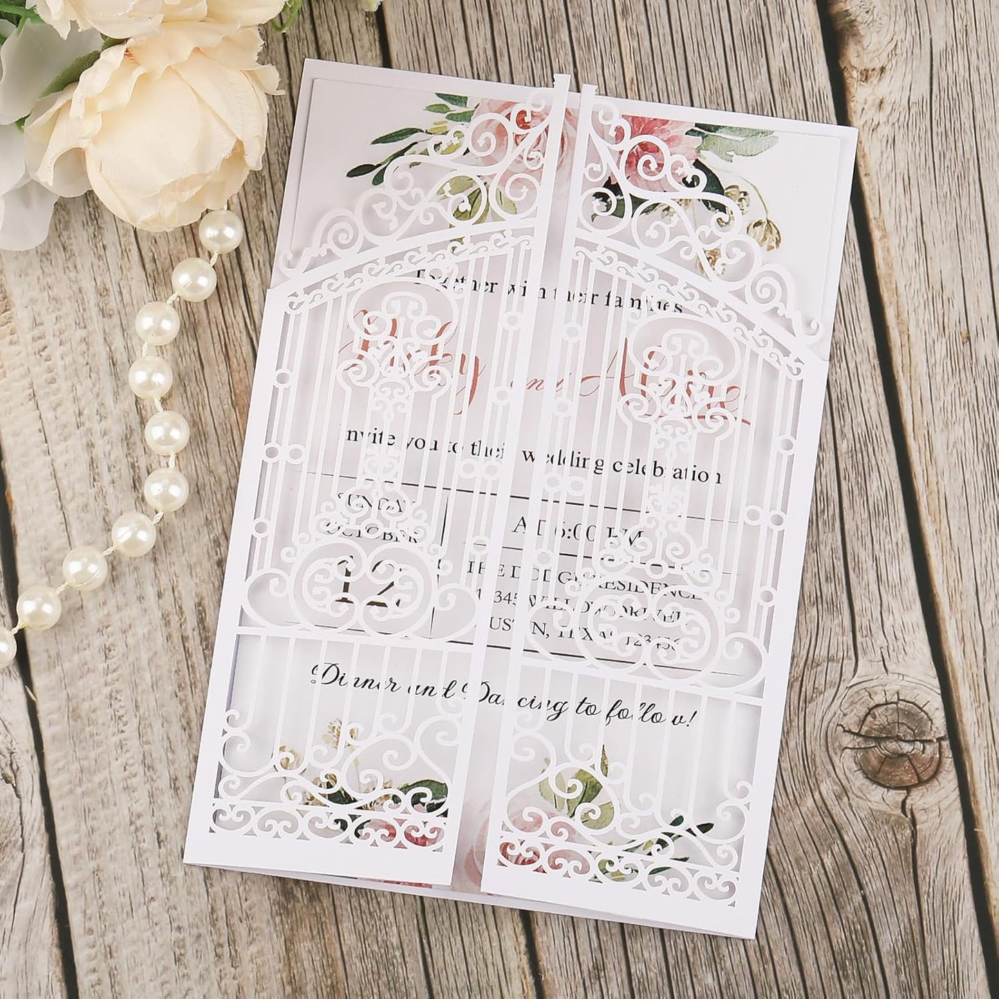 50Pcs White Laser Cut Invitations Fence Wedding Invitations Pocket with Envelopes and RSVP Cards for Wedding Quinceañera Engagement House Warming Invites, Blank Wedding Invitation Card Customizable