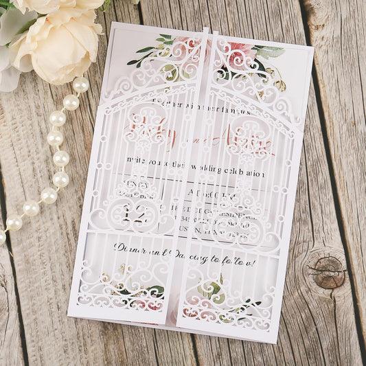 50Pcs White Laser Cut Invitations Fence Wedding Invitations Pocket with Envelopes and RSVP Cards for Wedding Quinceañera Engagement House Warming Invites, Blank Wedding Invitation Card Customizable