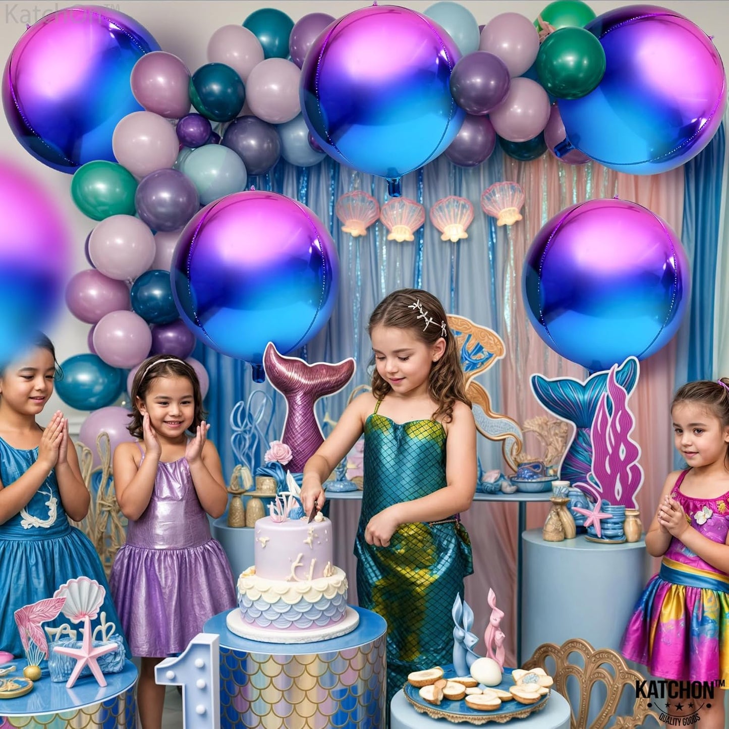 KatchOn, Purple Galaxy Balloons - 22 Inch, Pack of 6 | Round 4D Metallic Balloon for Galaxy Birthday Party Decorations | Halloween Balloons for Halloween Decor | Mermaid, Birthday Party Decorations
