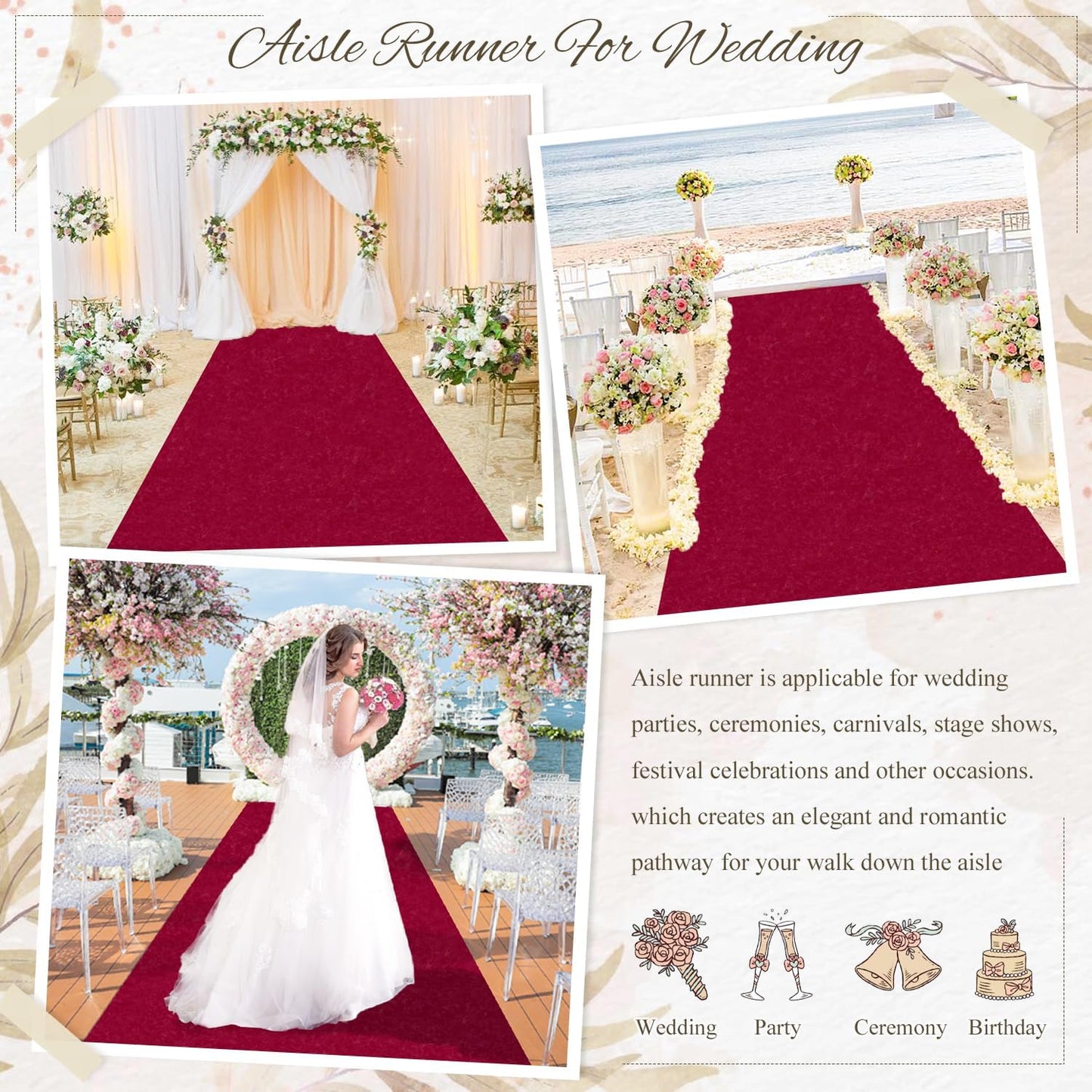 MODFUNS Aisle Runners for Weddings Burugndy Aisle Runner Rug 4FTx20FT Wedding Carpet Aisle Runner Velvet Wedding Runners Unique Carpet Runway for Party Banquet Hallway Decoration