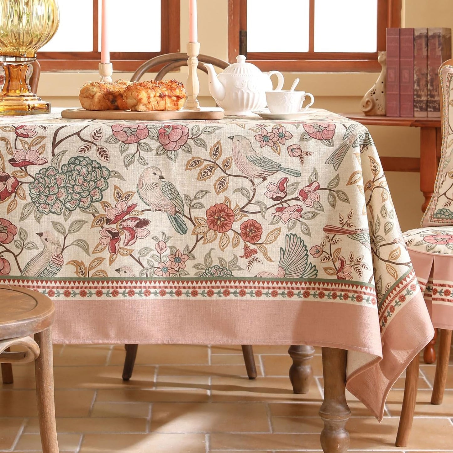 patdrea Designer Pink Linen Table Cloth for Sqaure Table,French Tablecloth with Birds Pattern,Small Colorful Decoration Cover for Kitchen Dining,Christmas,Party,Thanksgiving,55"x55"-Kulom a