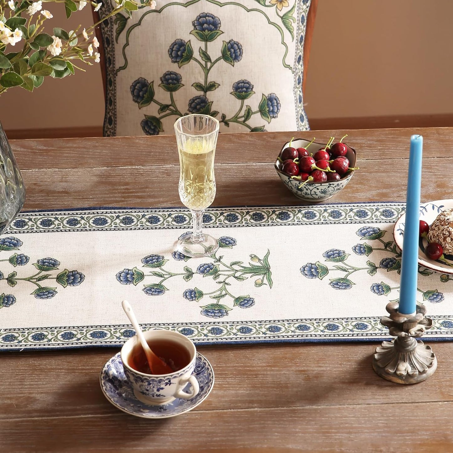 patdrea Designer Blue Rustic Elegant Floral Patterned Linen Table Runner 87 Inch Long,Wrinkle Resistant Table Mat,Decoration for Kitchen Dining and Coffee Tables Banquet Christmas , 12"x87"