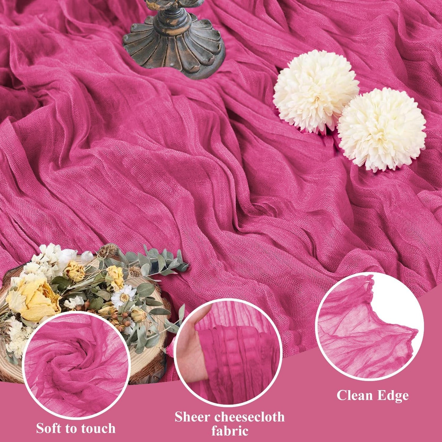 Asee'm 4pcs Cheesecloth Table Runner 120 Inches Long Deep Pink Boho Gauze Cheese Cloth Runner 10FT Rustic Sheer Table Runners for Christmas Wedding Party Baby Shower Spring Easter Decoration