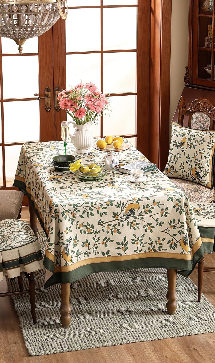 patdrea Designer Green French Linen Rectangular Tablecloth,Vintage Durable Floral Table Cloth,Decorative Table Cover for Kitchen Dining,Parties,Party,Christmas,Thanksgiving,55"x87"-Warbler