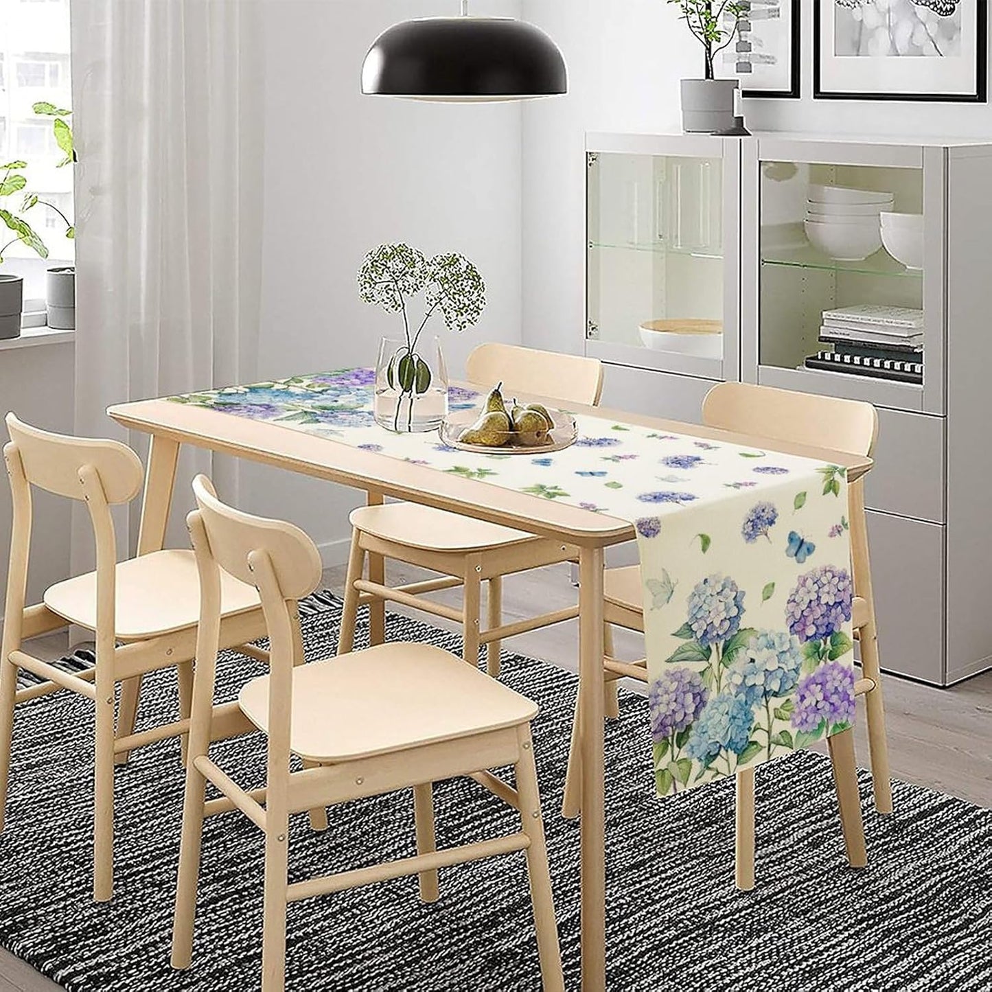 Spring Hydrangea Flower Table Runner, Seasonal Summer Plants Watercolor Florals Butterfly Dinner Runner for Home Kitchen Dining Table Party Holiday Decoration 13"x60"